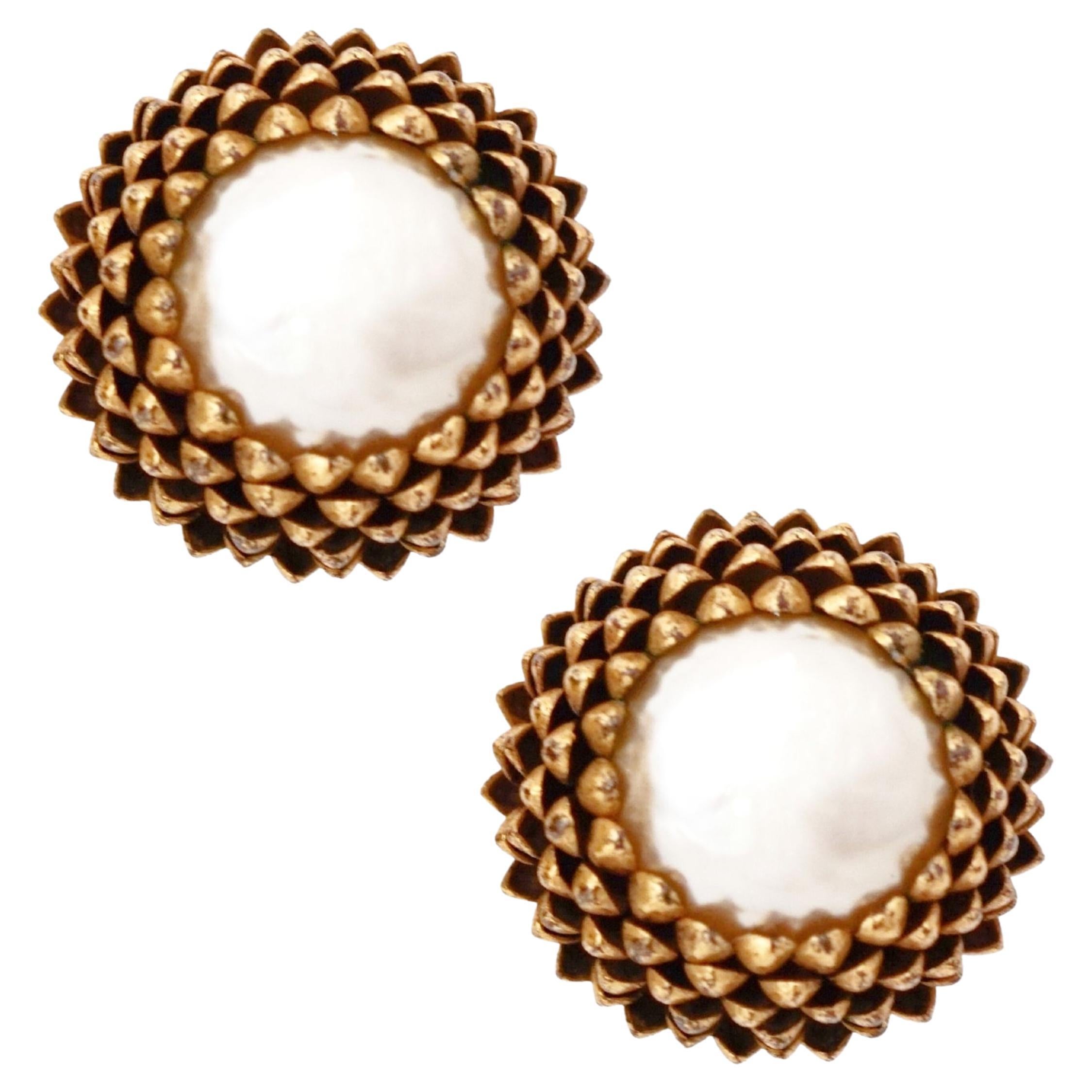 Gold Dome Acorn Earrings With Baroque Pearls By Miriam Haskell, 1950s For Sale