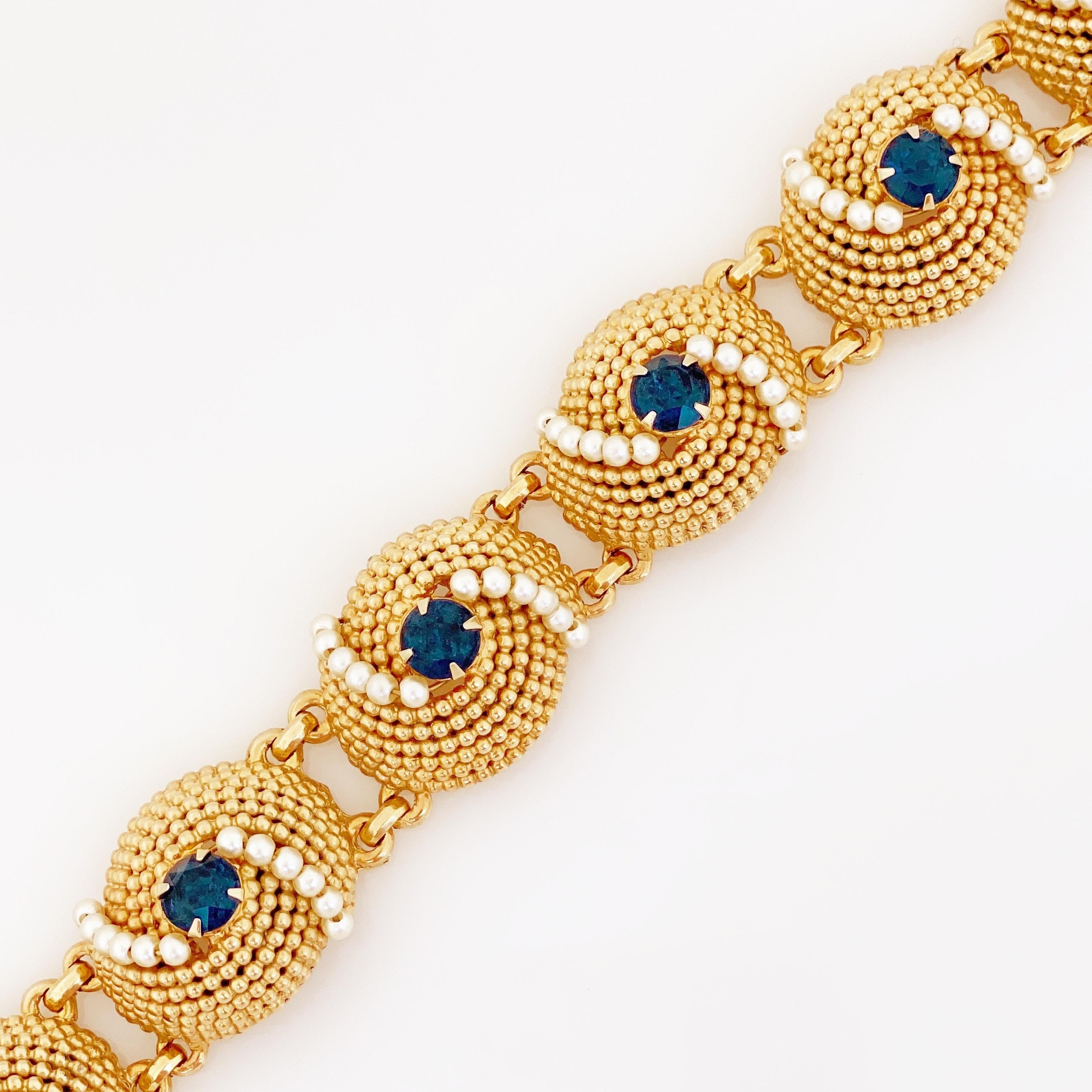 Modern Gold Dome Link Bracelet With Sapphire Crystals & Pearls By Napier, 1970s