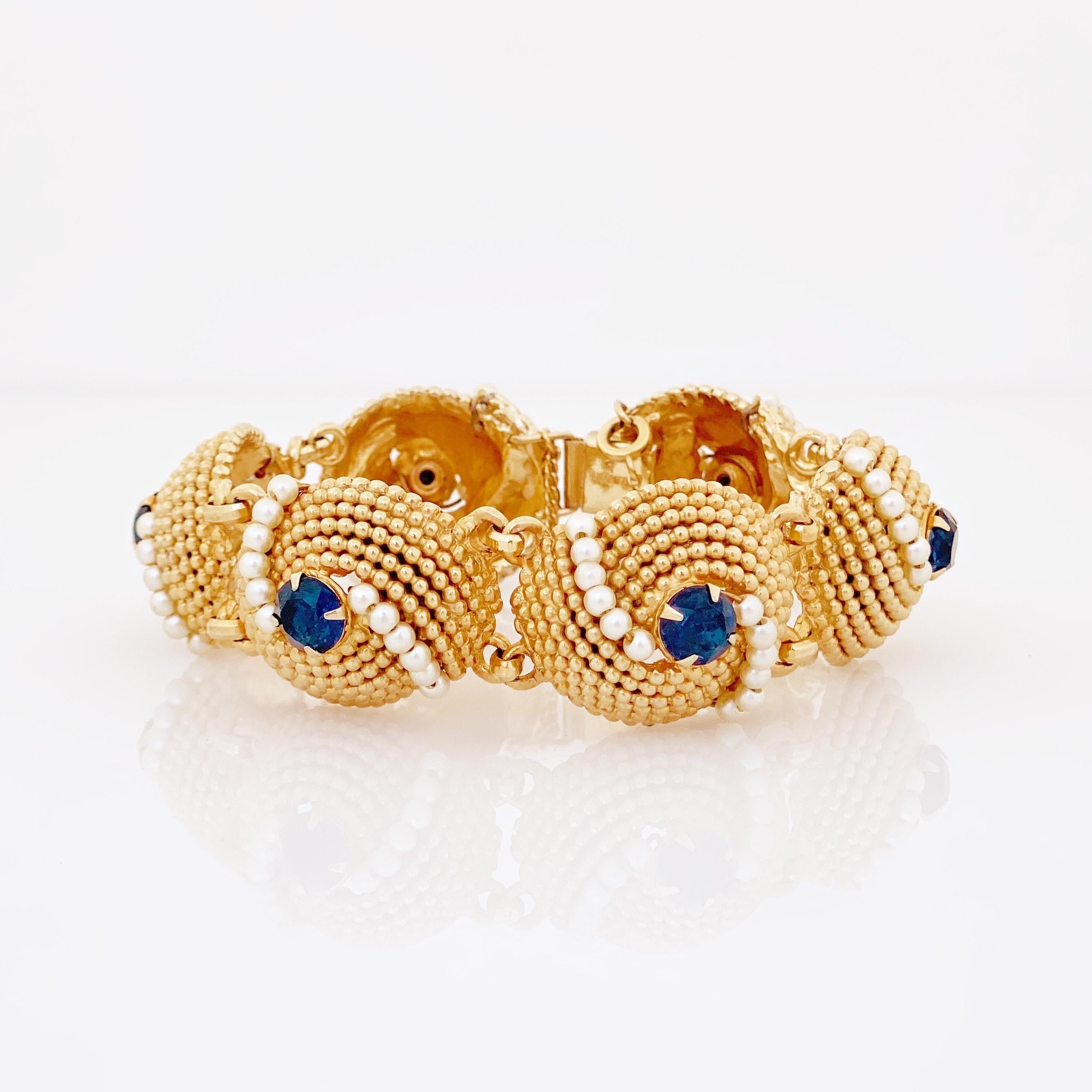 Gold Dome Link Bracelet With Sapphire Crystals & Pearls By Napier, 1970s In Good Condition In McKinney, TX