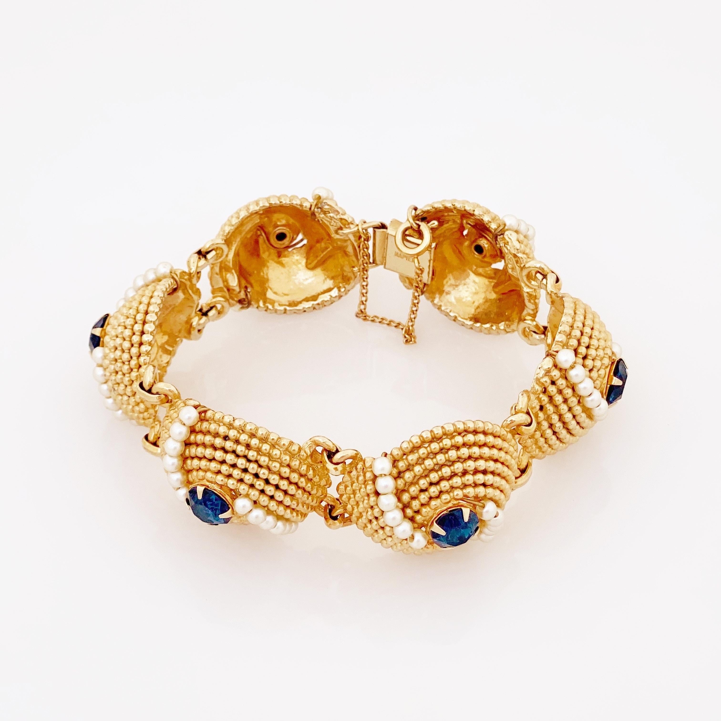 Women's Gold Dome Link Bracelet With Sapphire Crystals & Pearls By Napier, 1970s