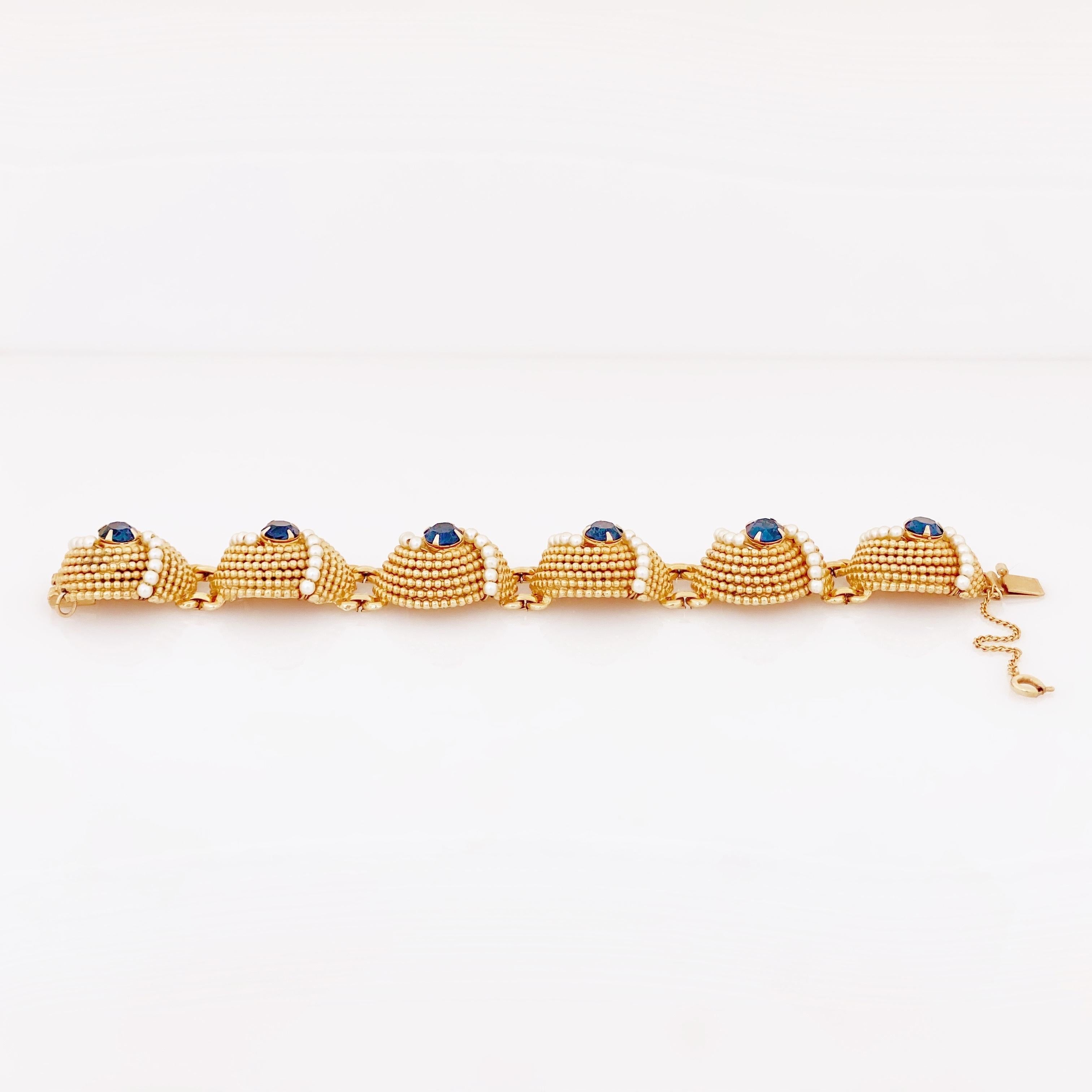 Gold Dome Link Bracelet With Sapphire Crystals & Pearls By Napier, 1970s 1