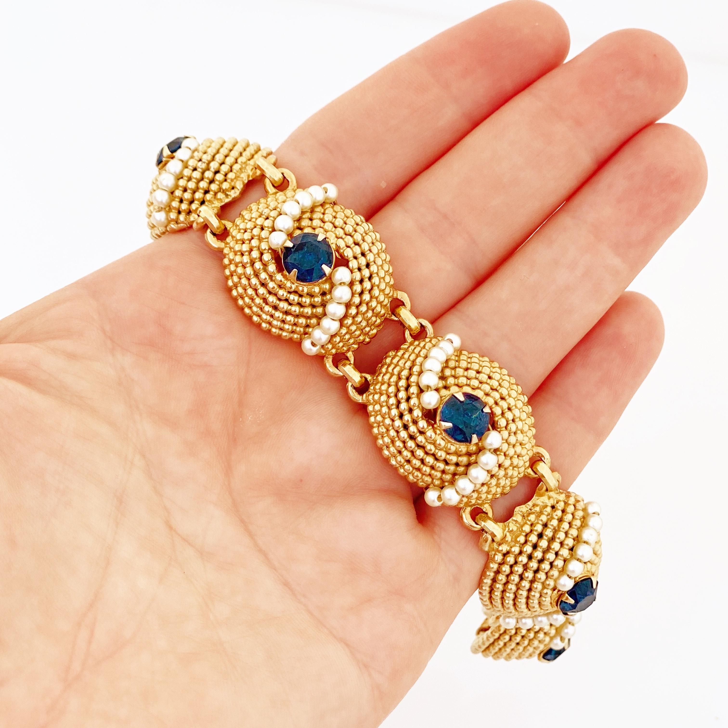 Gold Dome Link Bracelet With Sapphire Crystals & Pearls By Napier, 1970s 4