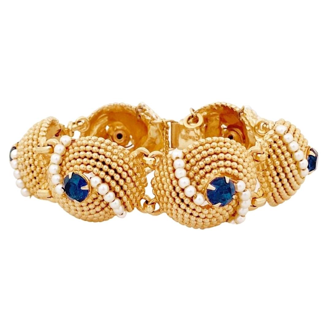 Gold Dome Link Bracelet With Sapphire Crystals & Pearls By Napier, 1970s