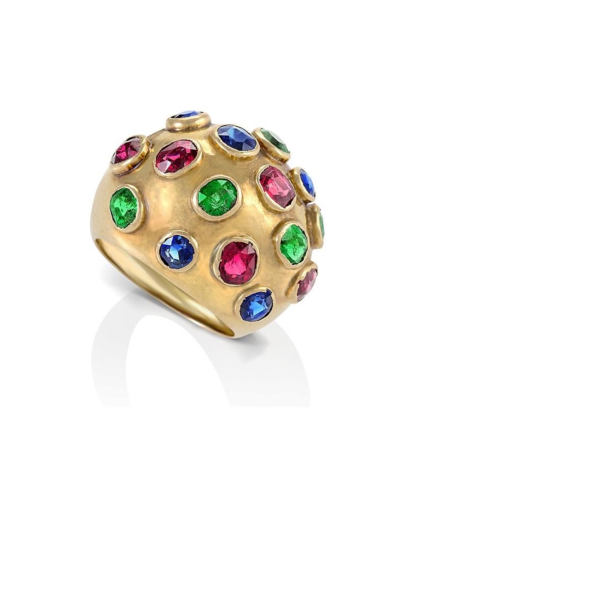 Gold Domed Ring with Sapphires, Rubies and Emeralds In Excellent Condition In New York, NY