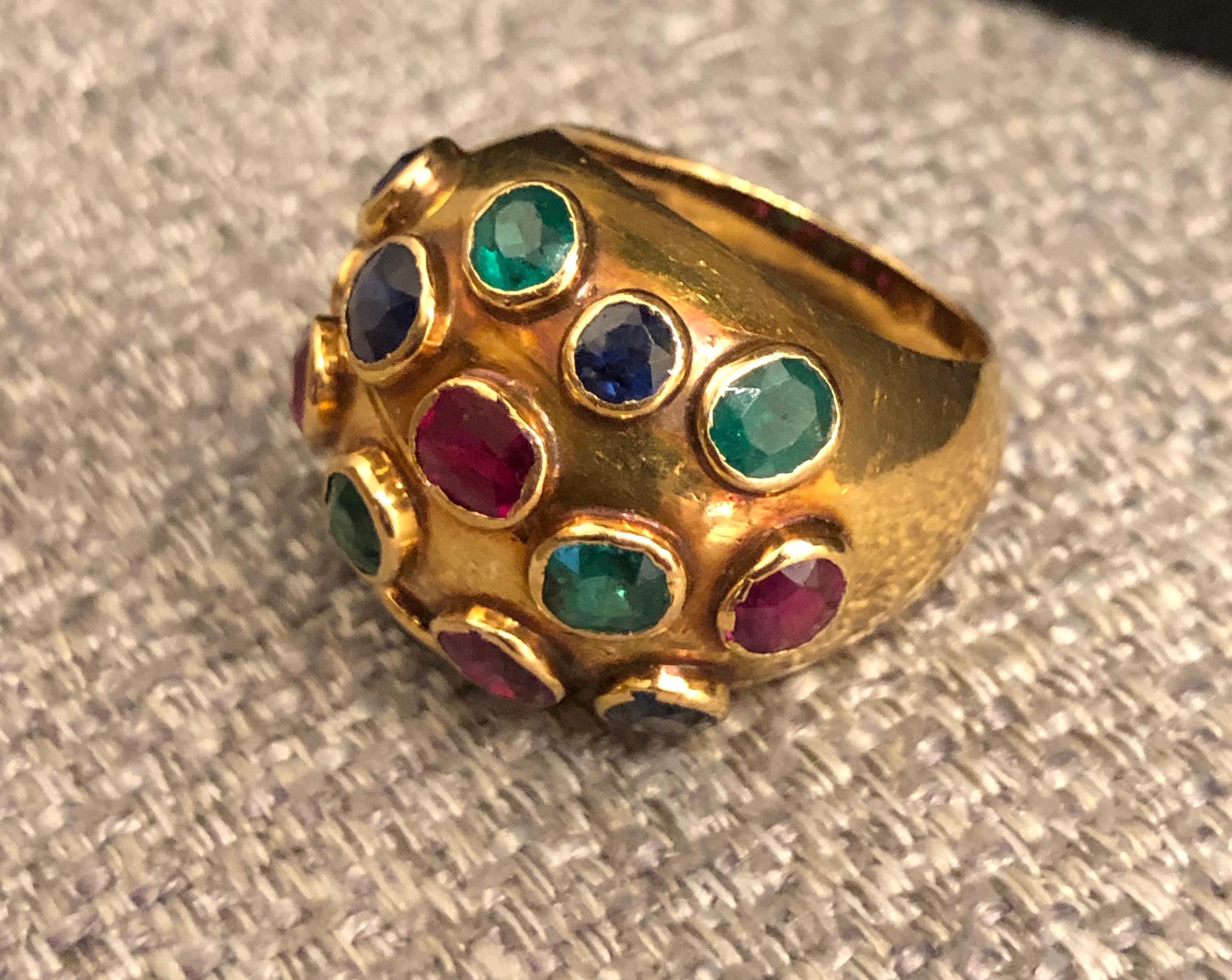 Women's Gold Domed Ring with Sapphires, Rubies and Emeralds