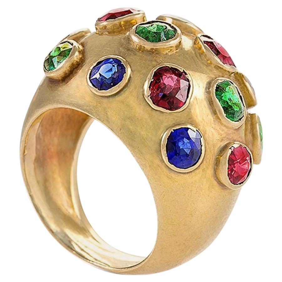Gold Domed Ring with Sapphires, Rubies and Emeralds
