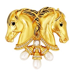 Retro Gold Double Horse Head "Hearts In Tandem" Brooch By Elizabeth Taylor