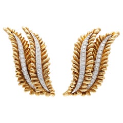 Gold Double Leaf Earrings with Diamonds