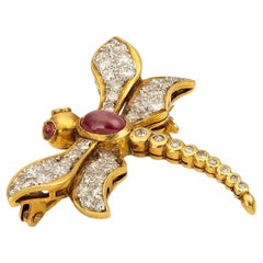 Retro Gold Dragonfly Brooch with Diamonds and Rubies