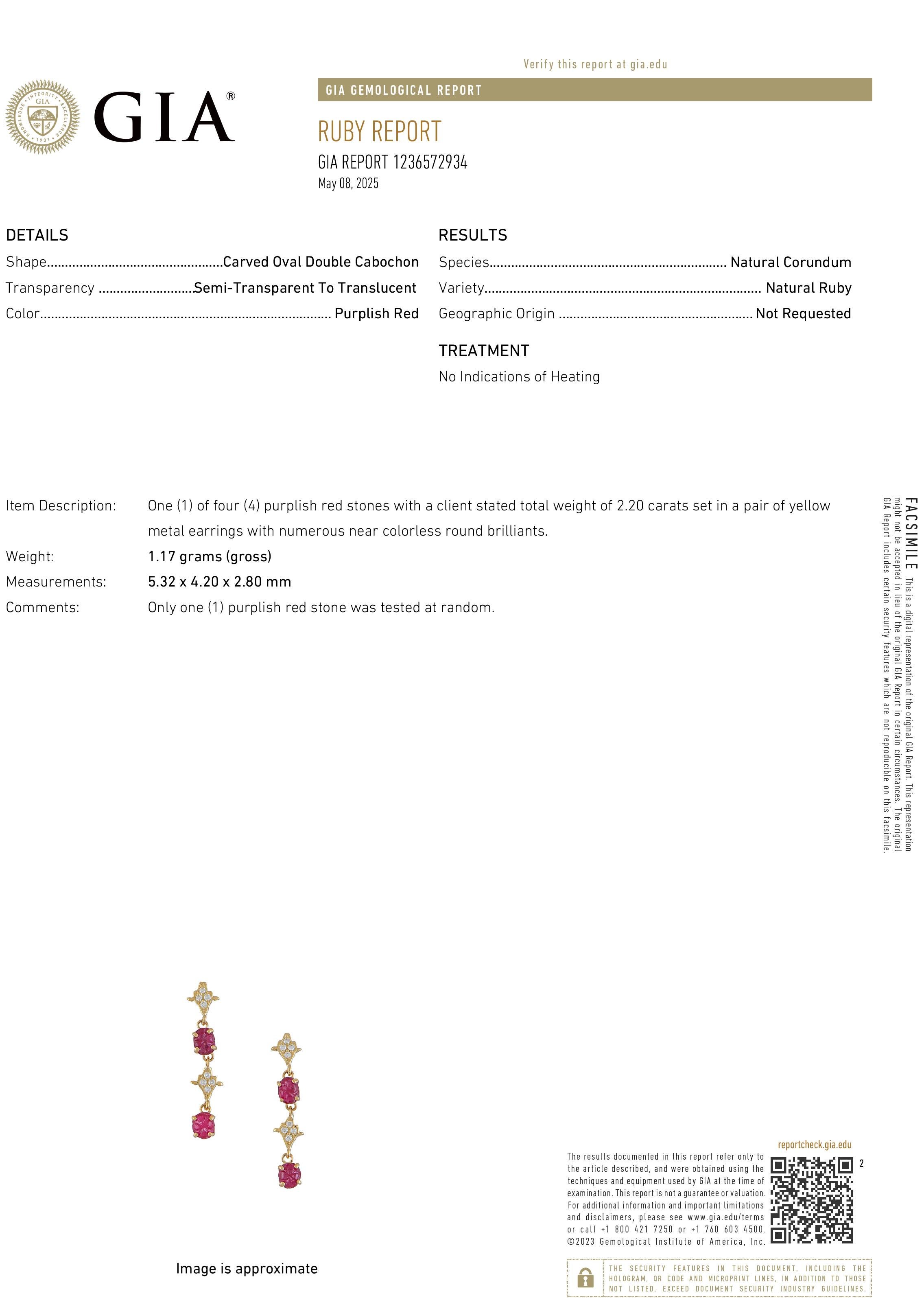 Celebrate the allure of rarity with these exquisitely handcrafted 14K Yellow Gold Drop Earrings, showcasing four carved double cabochon Burma rubies totaling 2.20 carats, certified by GIA as natural with no indications of heating. Enhanced by a