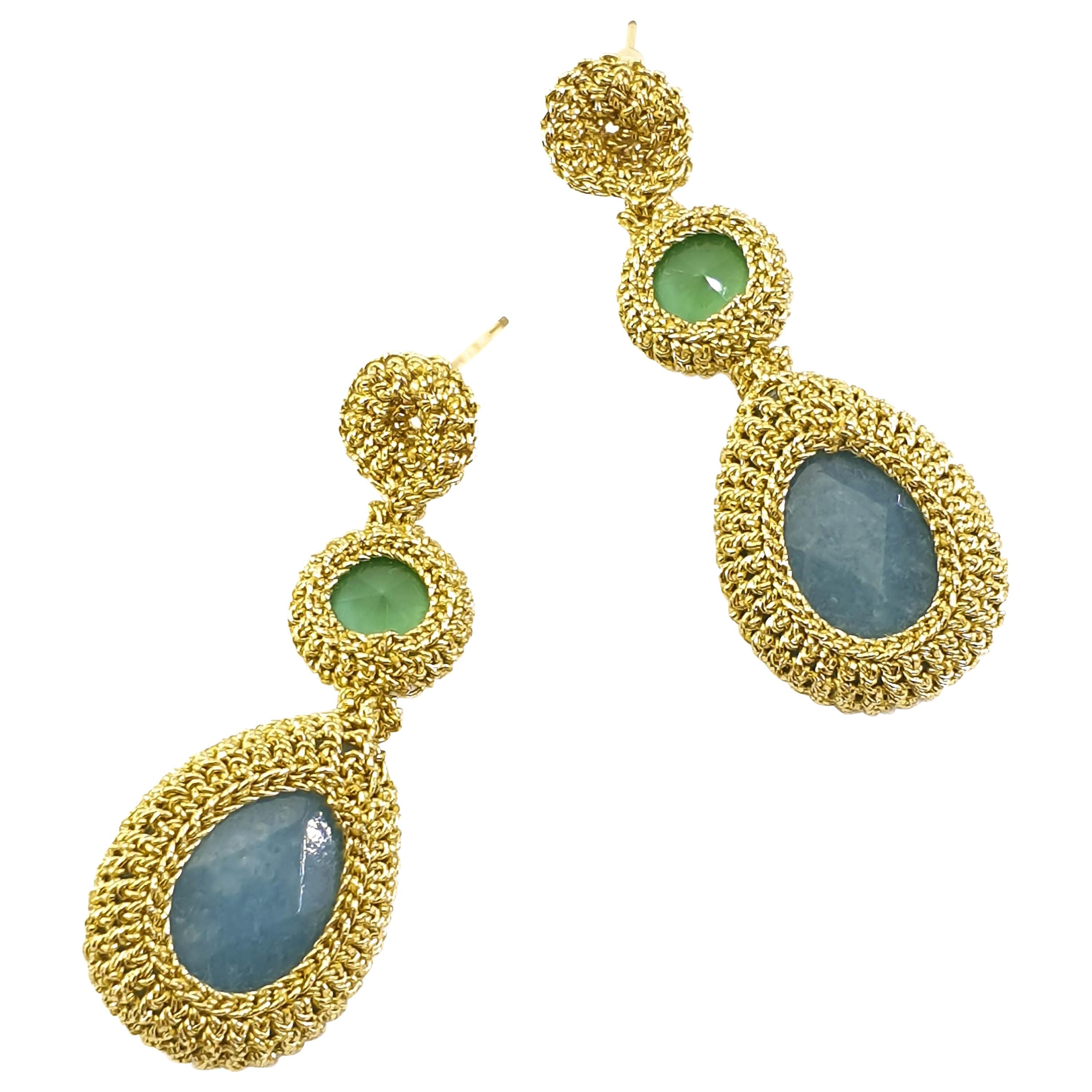 Gold Drop Earrings Contemporary Jade Swarovski Crystals Fashion Handmade Crochet im Angebot