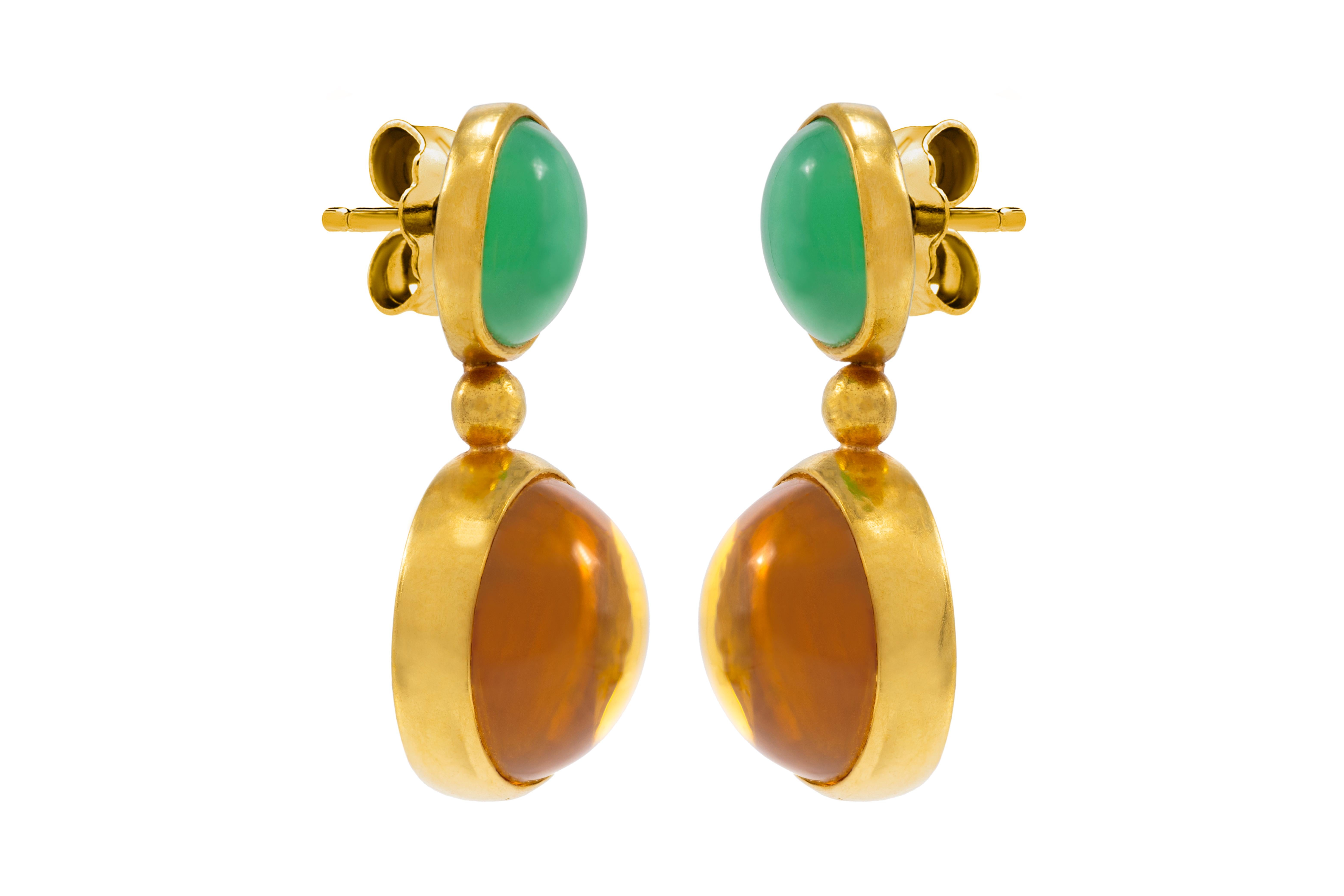 Artisan Gold Drop Earrings with Chrysoprase & Citrine Stones by Tagili
