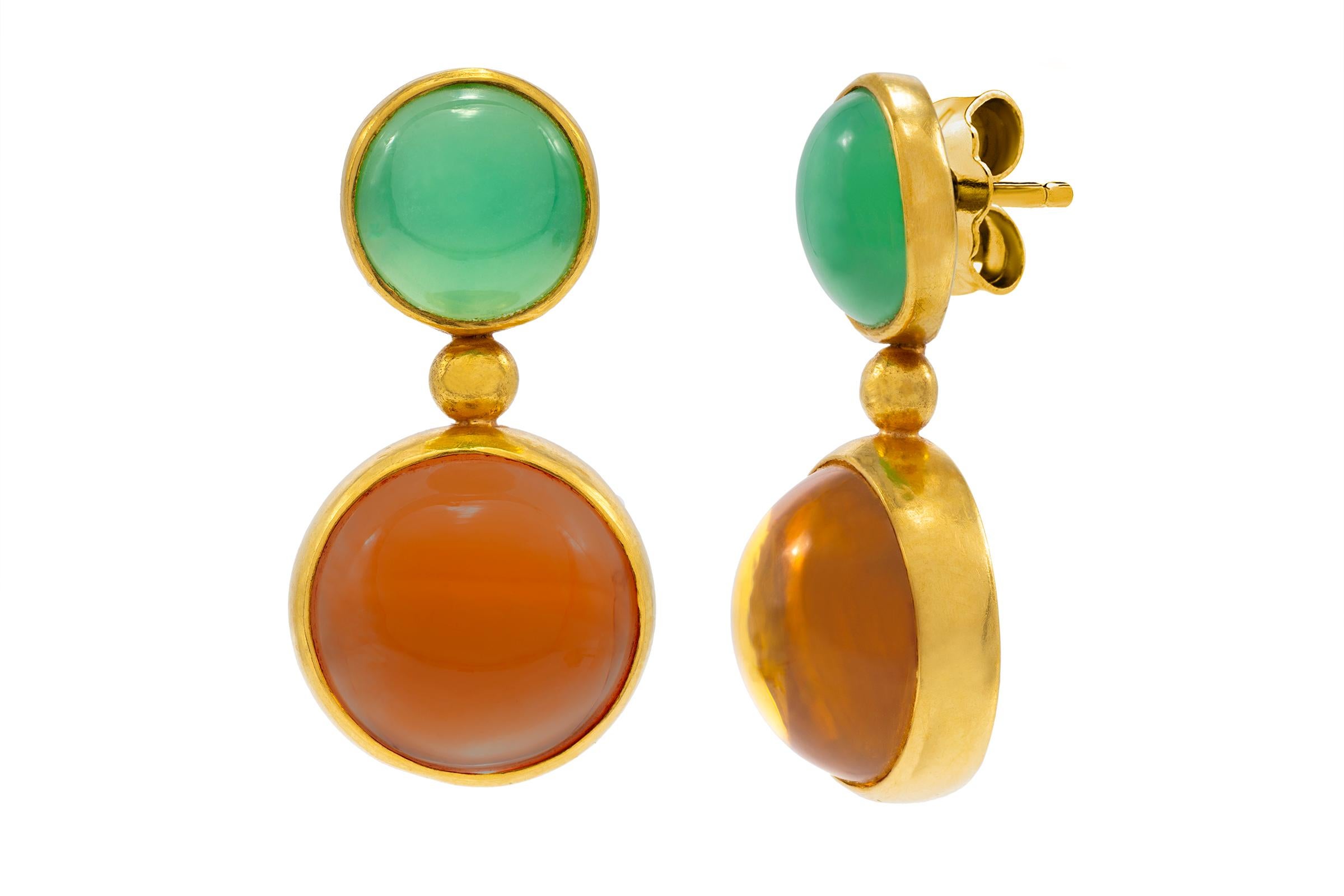 Round Cut Gold Drop Earrings with Chrysoprase & Citrine Stones by Tagili