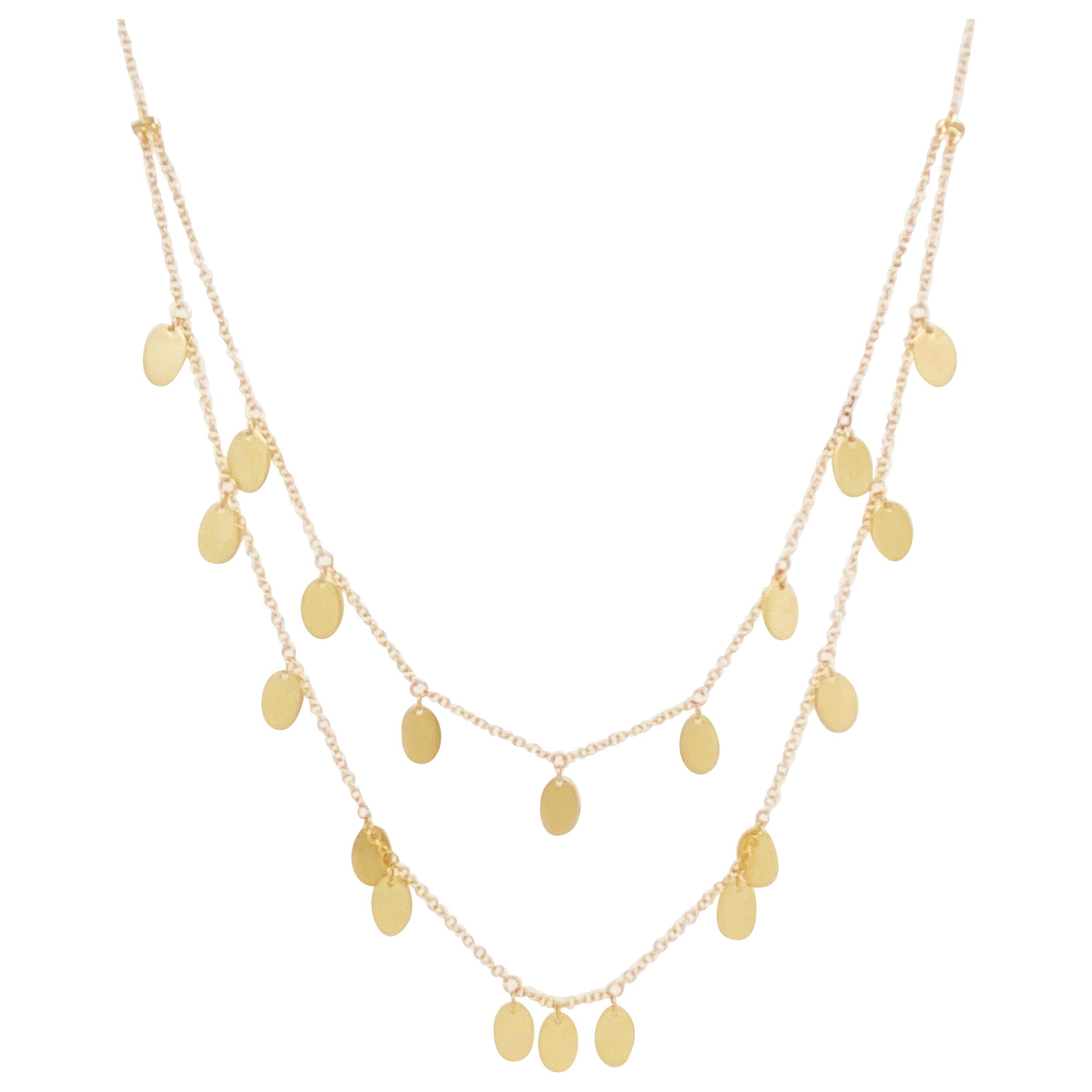 Gold Drops Necklace, 14 Karat Gold Two-Strand Necklace with Oval, NK6317Y4JJJ For Sale