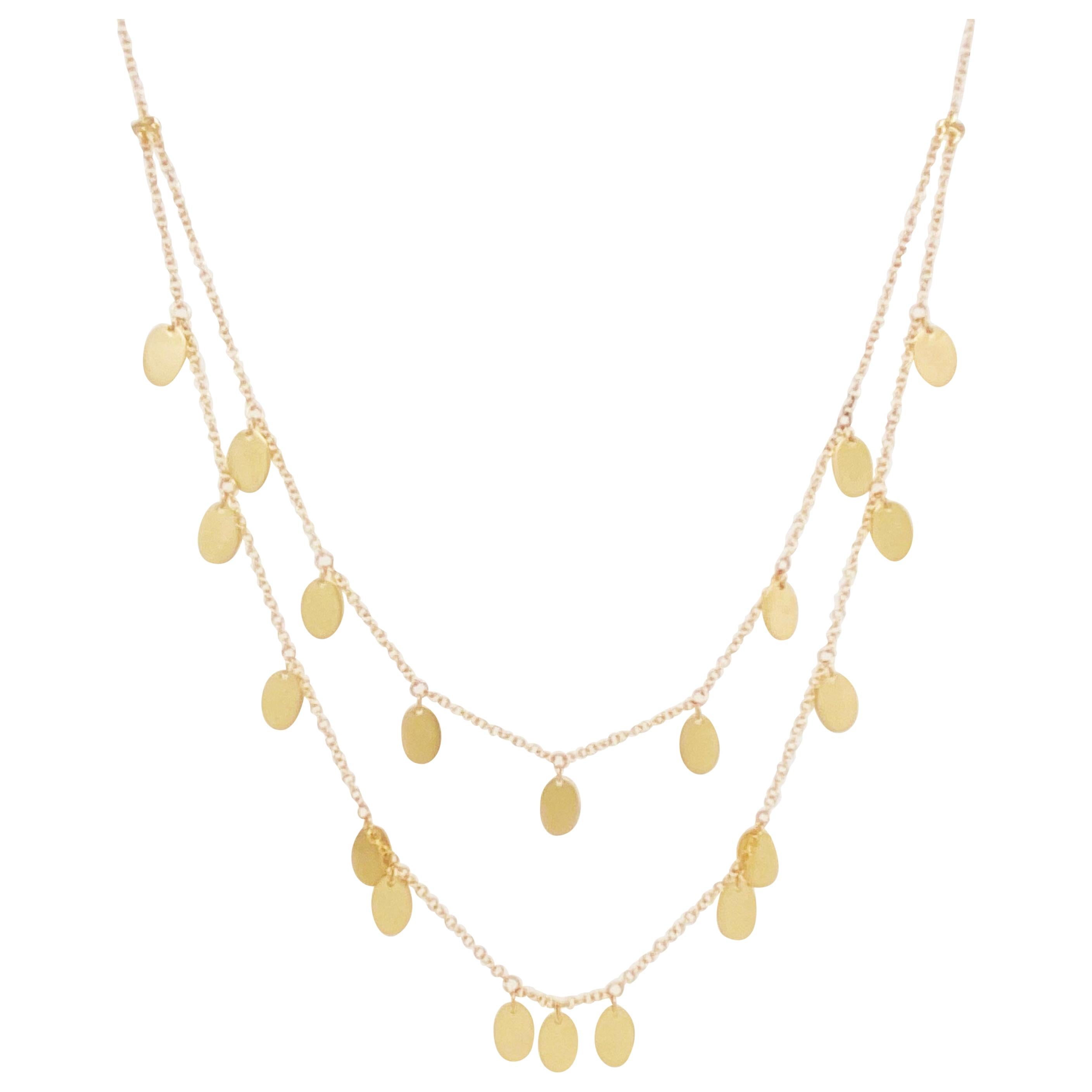 Gold Drops Necklace, 14 Karat Gold Two-Strand Necklace with Oval, NK6317Y4JJJ For Sale