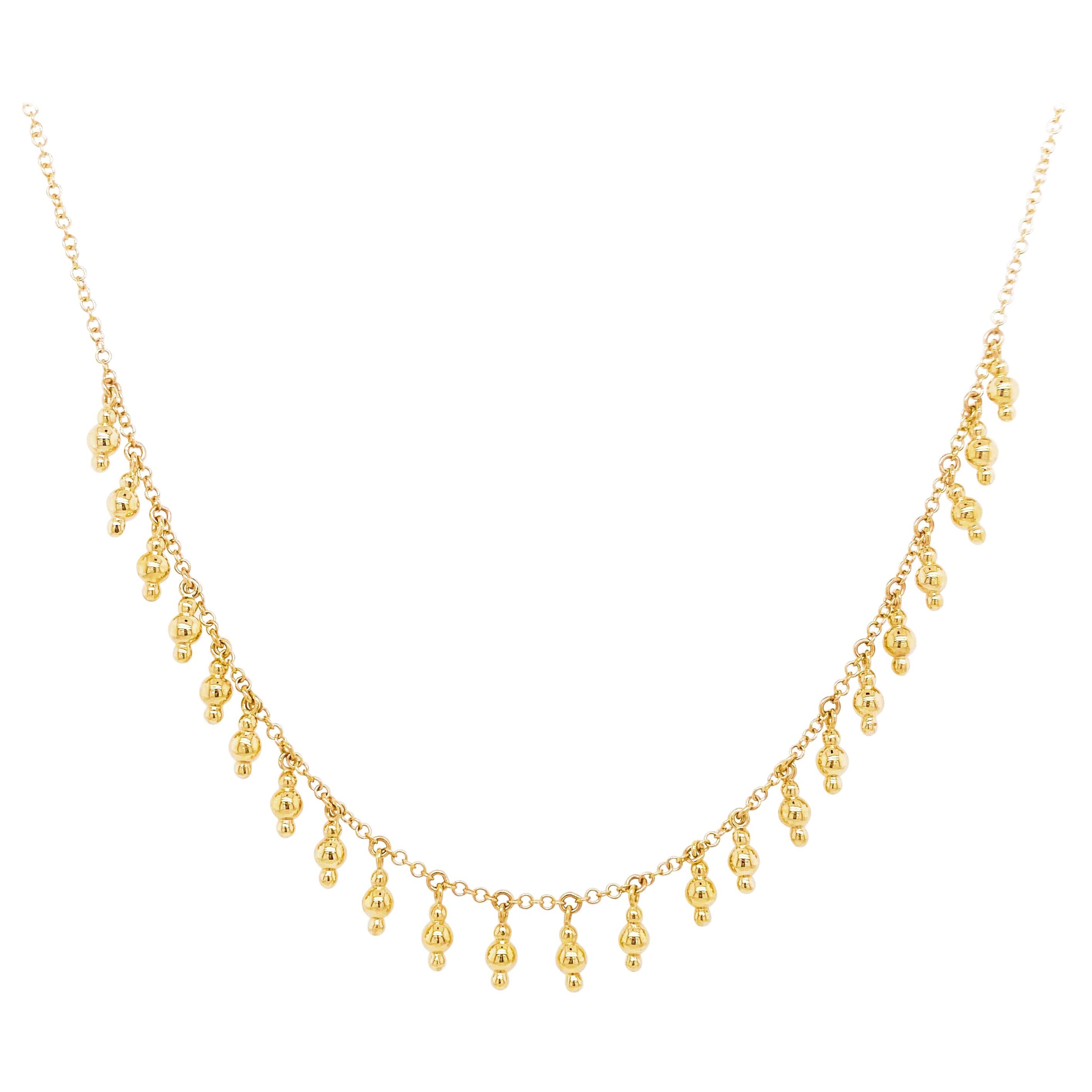 Gold Drops Necklace, 14 Karat Yellow Gold Bujukan Bead Station Necklace For Sale