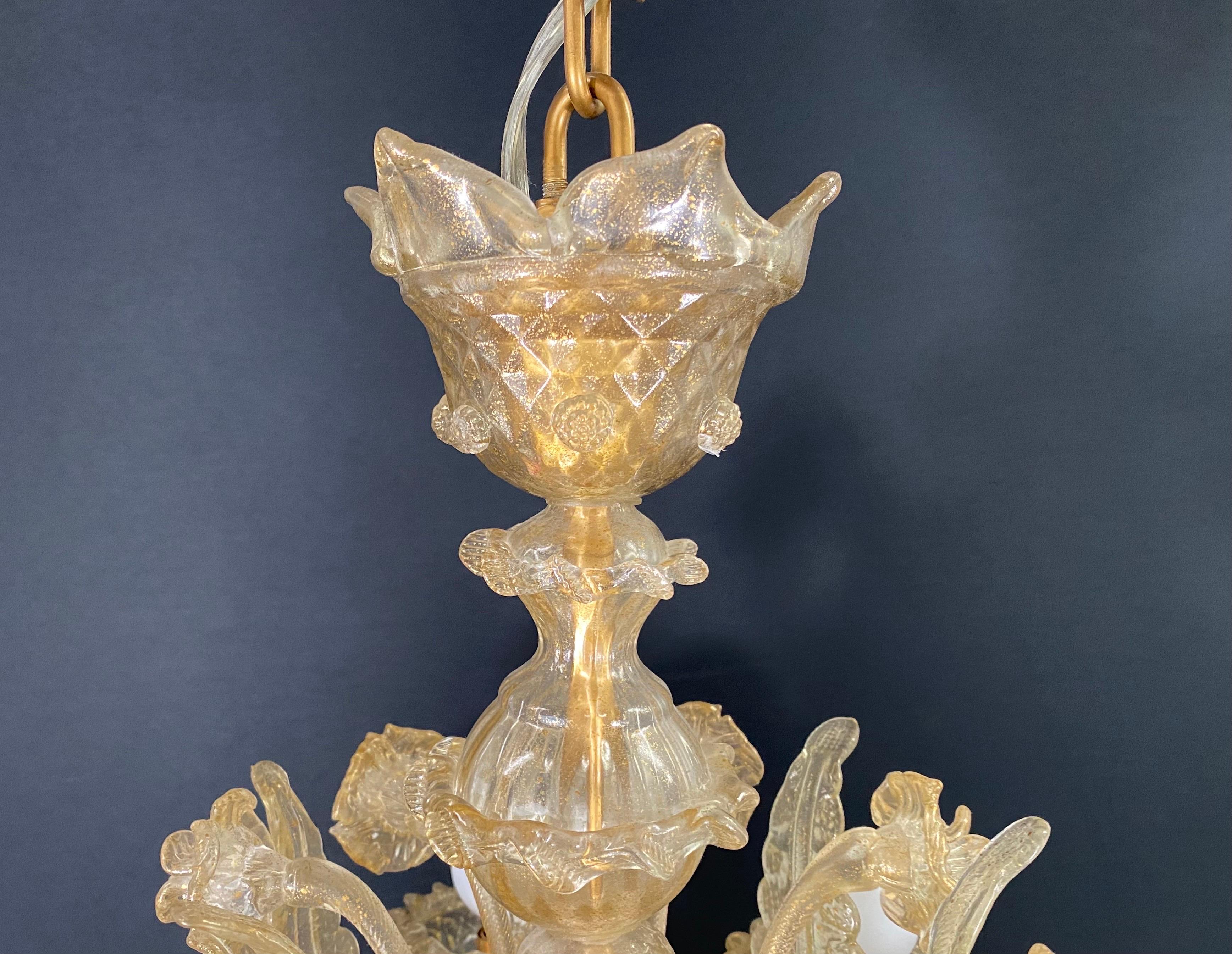 Murano Glass Gold Dust Murano Daffodil Chandelier, 6 Arms For Sale