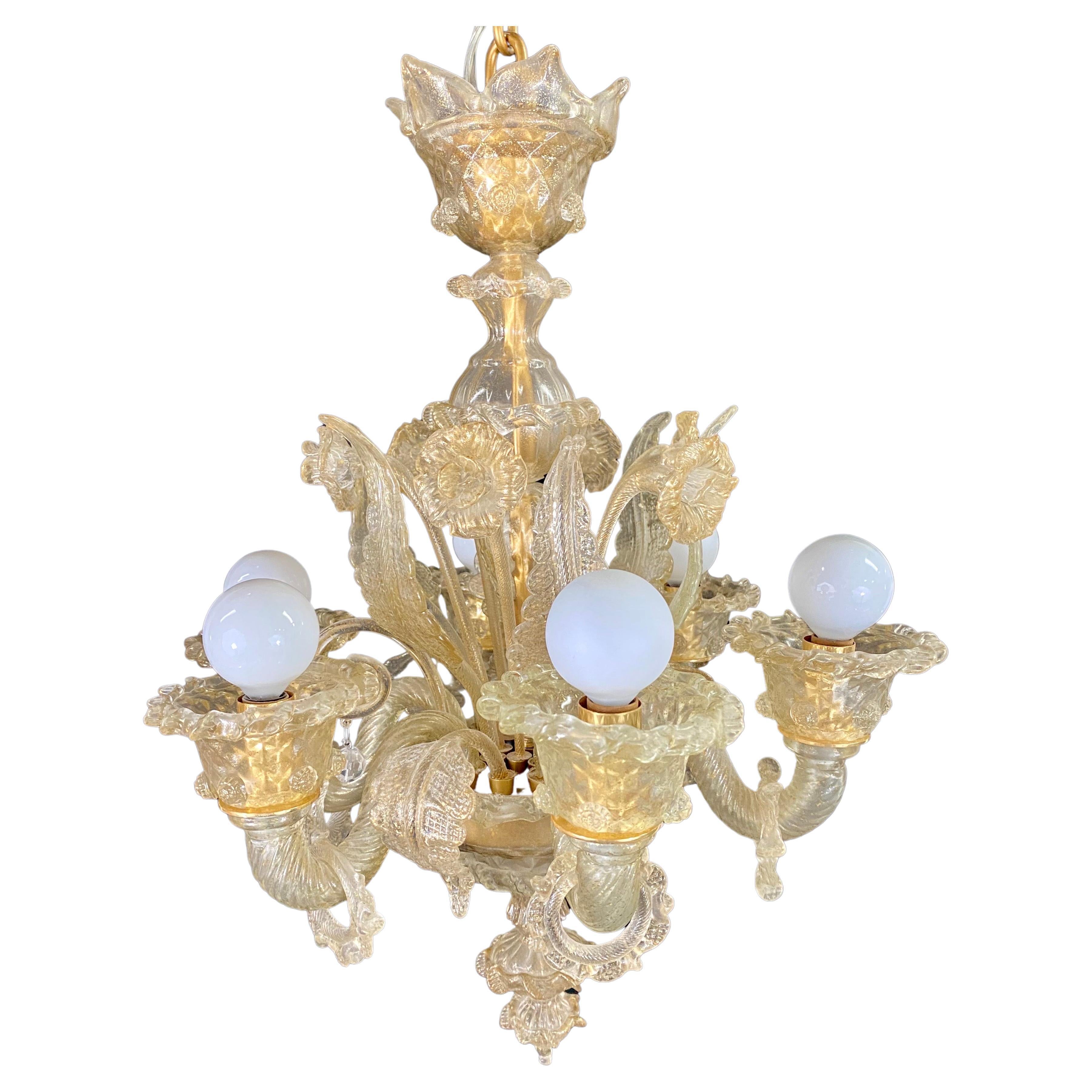 Gold Dust Murano Daffodil Chandelier, 6 Arms For Sale