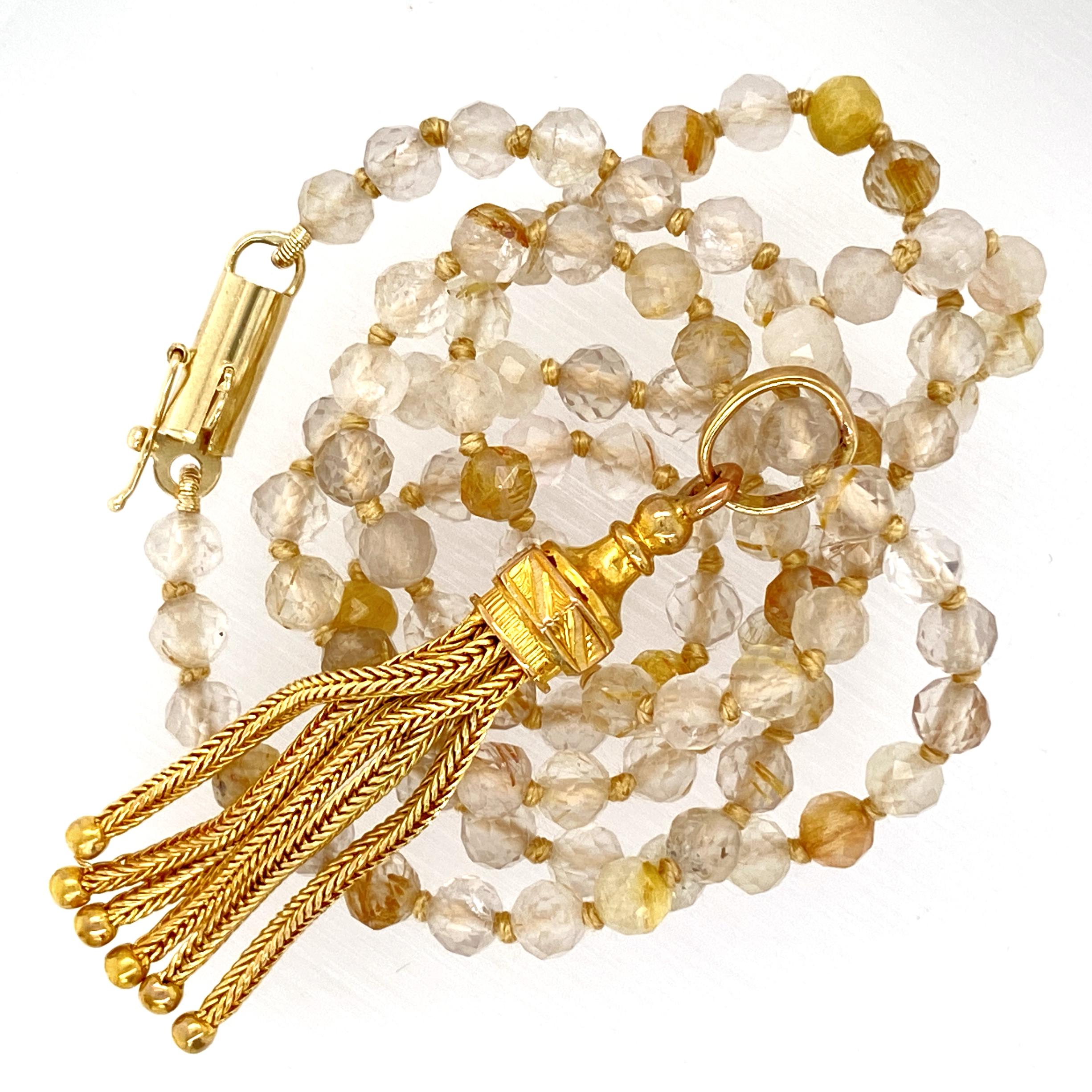 Gold Early 20th Century Tassel Fob on String of Rutilated Quartz Beads In Excellent Condition In Sherman Oaks, CA