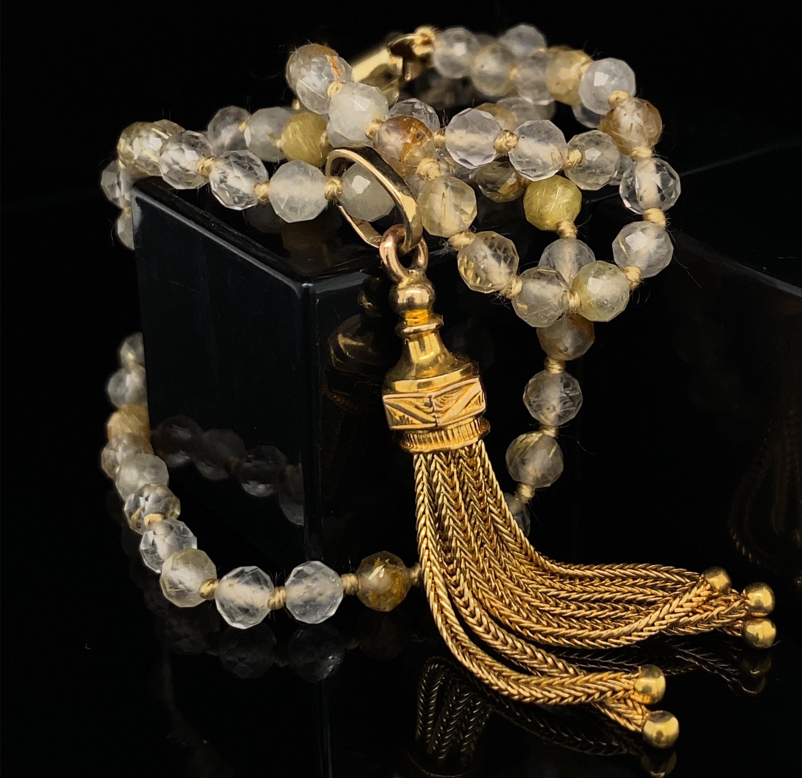 Men's Gold Early 20th Century Tassel Fob on String of Rutilated Quartz Beads