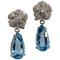 Gold Earrings 7 Carat Natural Round Diamond and Pear Shape Aquamarine