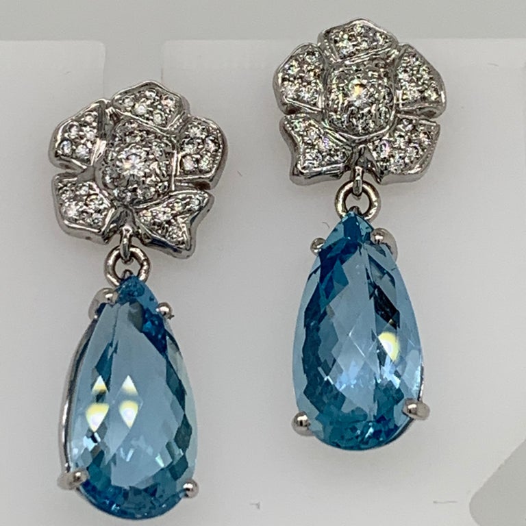Gold Earrings 7 Carat Natural Round Diamond and Pear Shape Aquamarine ...