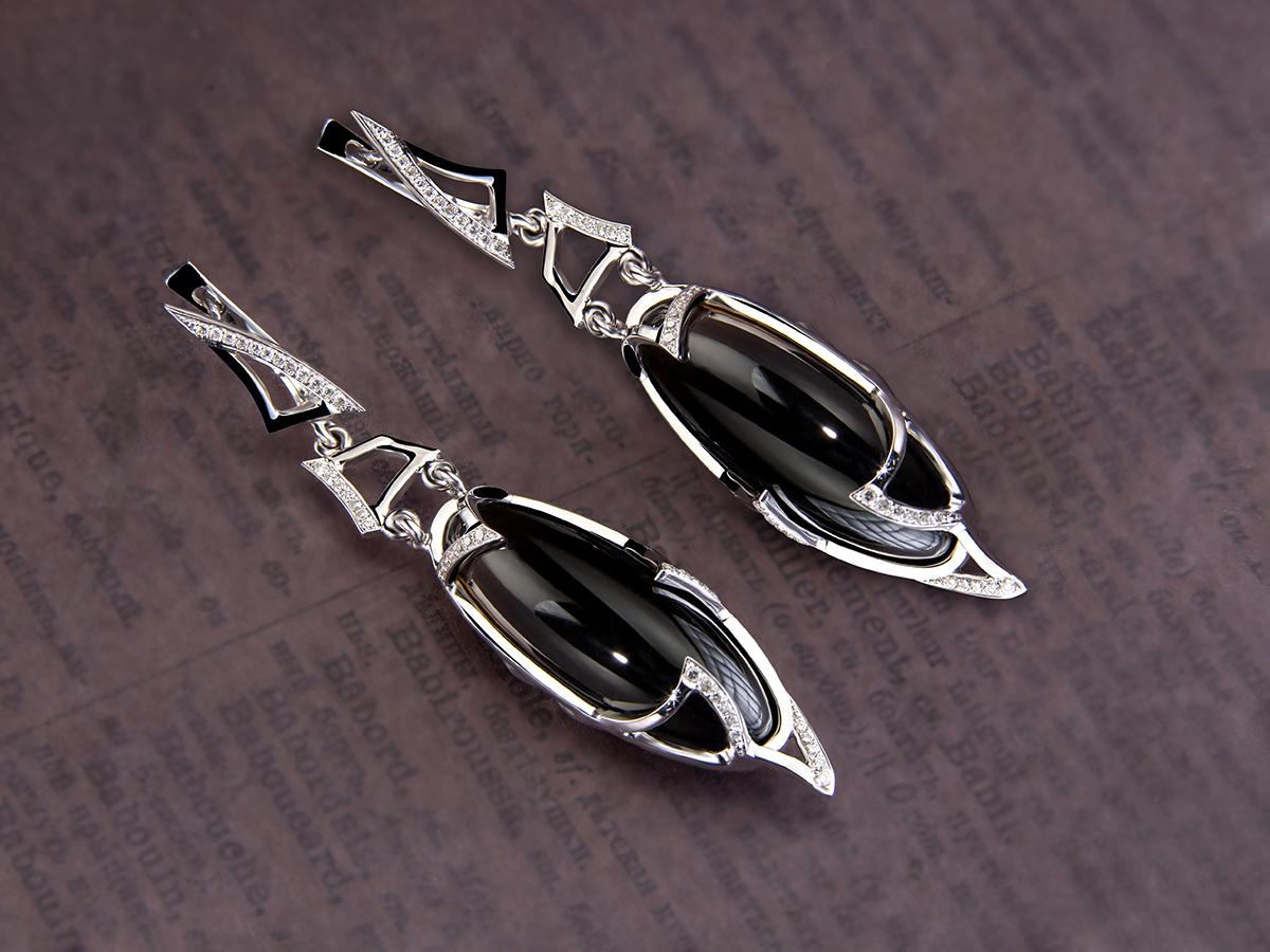 Gold-Ohrringe Schwarzer Quarz Diamant Morion Lange Anhänger Ohrringe Art Deco Stil Art Deco Stil im Angebot 6