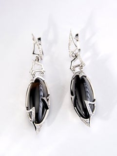 Gold Earrings Black Quartz Diamond Morion Long Pendant Earrings Art Deco style
