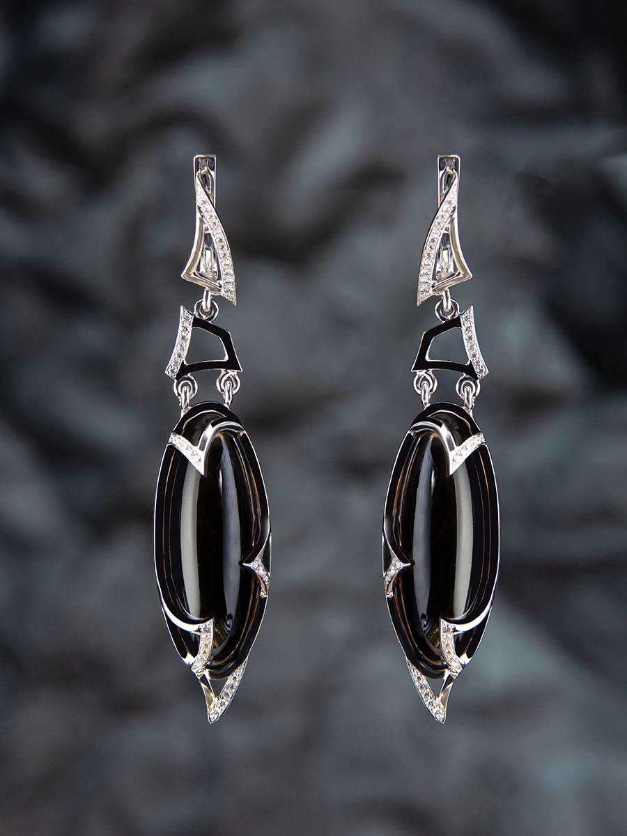 Gold-Ohrringe Schwarzer Quarz Diamant Morion Lange Anhänger Ohrringe Art Deco Stil Art Deco Stil (Cabochon) im Angebot