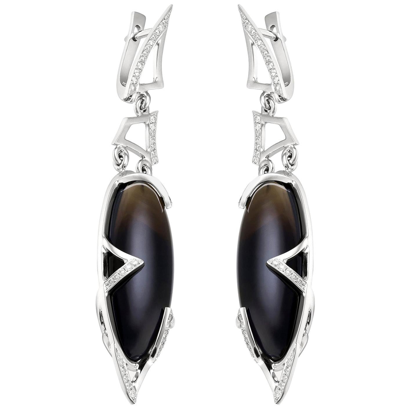 Gold-Ohrringe Schwarzer Quarz Diamant Morion Lange Anhänger Ohrringe Art Deco Stil Art Deco Stil für Damen oder Herren im Angebot