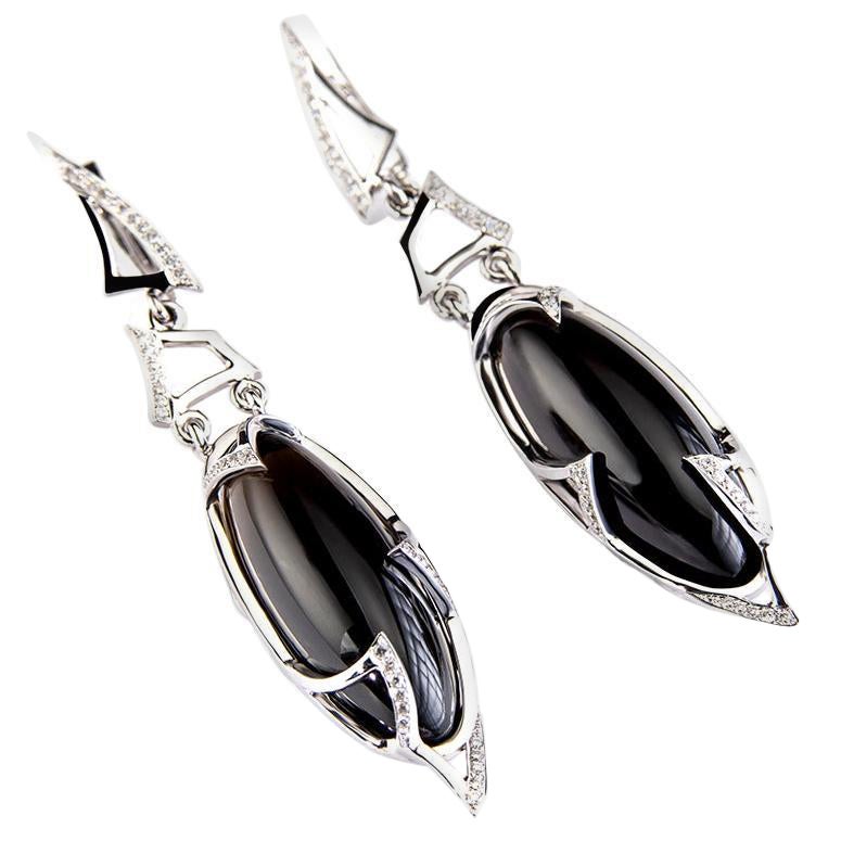 Boucles d'oreilles en or Quartz noir Diamant Morion Long pendentif Boucles d'oreilles Art déco en vente