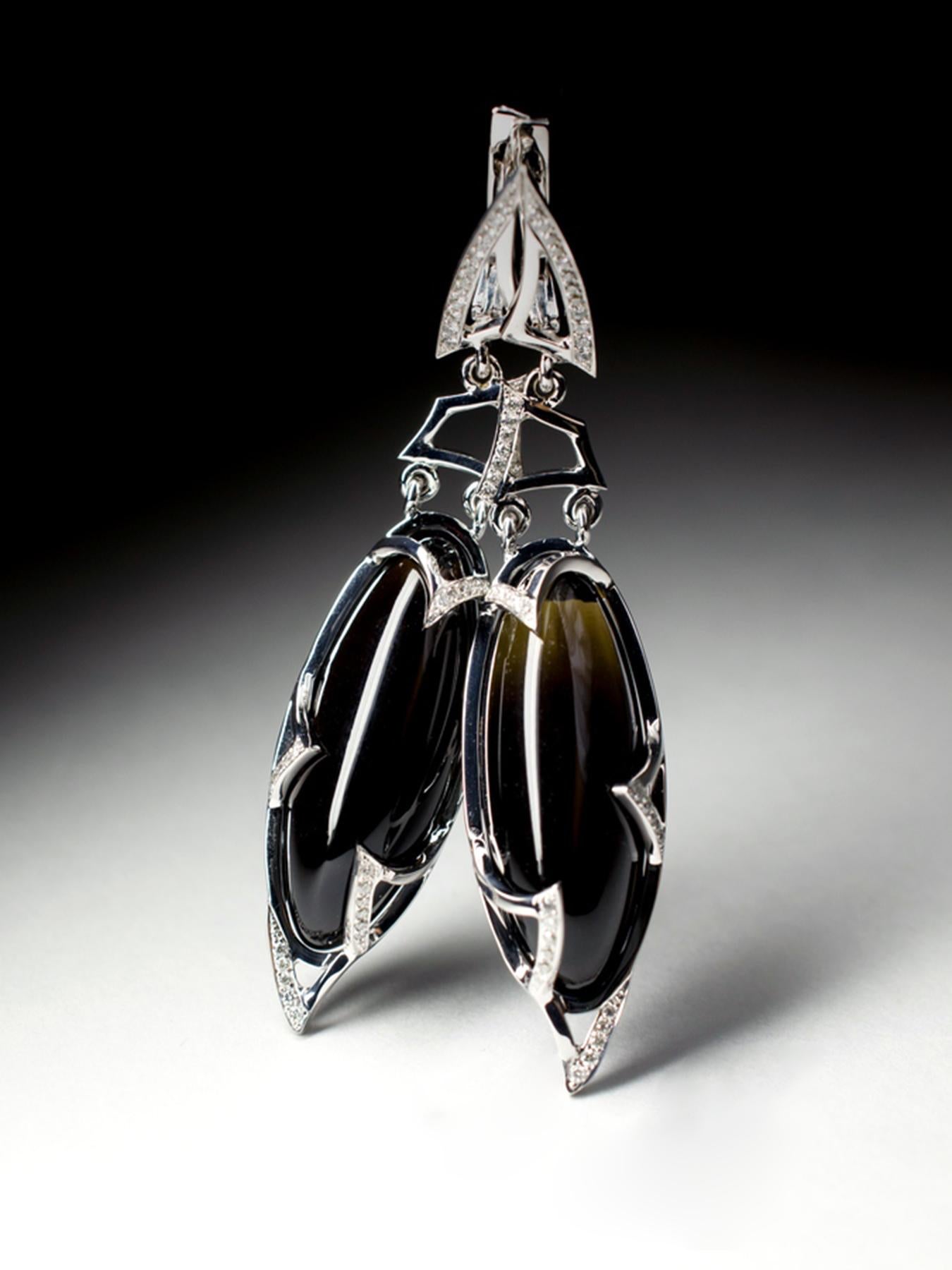 Gold Earrings Black Quartz Diamond Morion Long Pendant Earrings Art Deco style For Sale 5