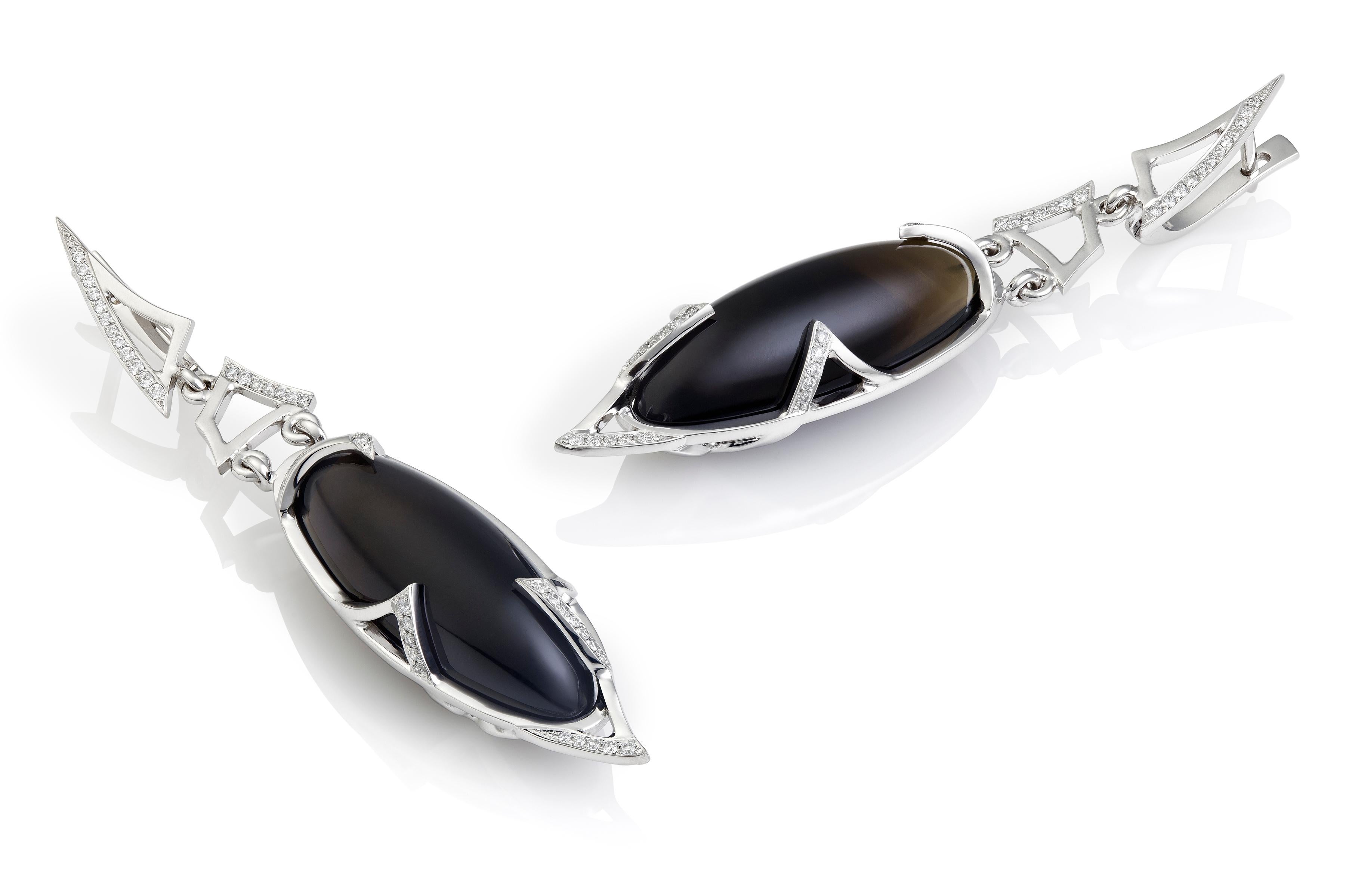 Gold Earrings Black Quartz Diamond Morion Long Pendant Earrings Art Deco style For Sale 7