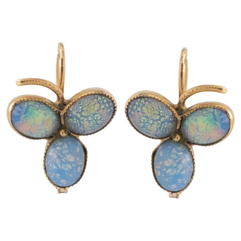 Gold earrings in the shape of a clover with opals duplets, Hungary, early XX cen For Sale
