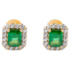 Gold Earrings Rectangle Emerald Cut Emeralds with Diamonds Around