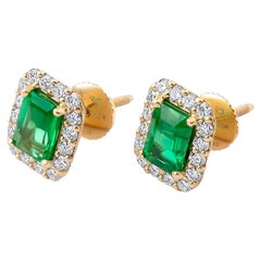 Gold Earrings Rectangle Emerald Cut Emeralds with Diamonds Around