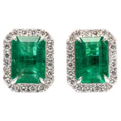 Gold Earrings Rectangle Zambian Emerald Cut Emeralds with Diamonds Around