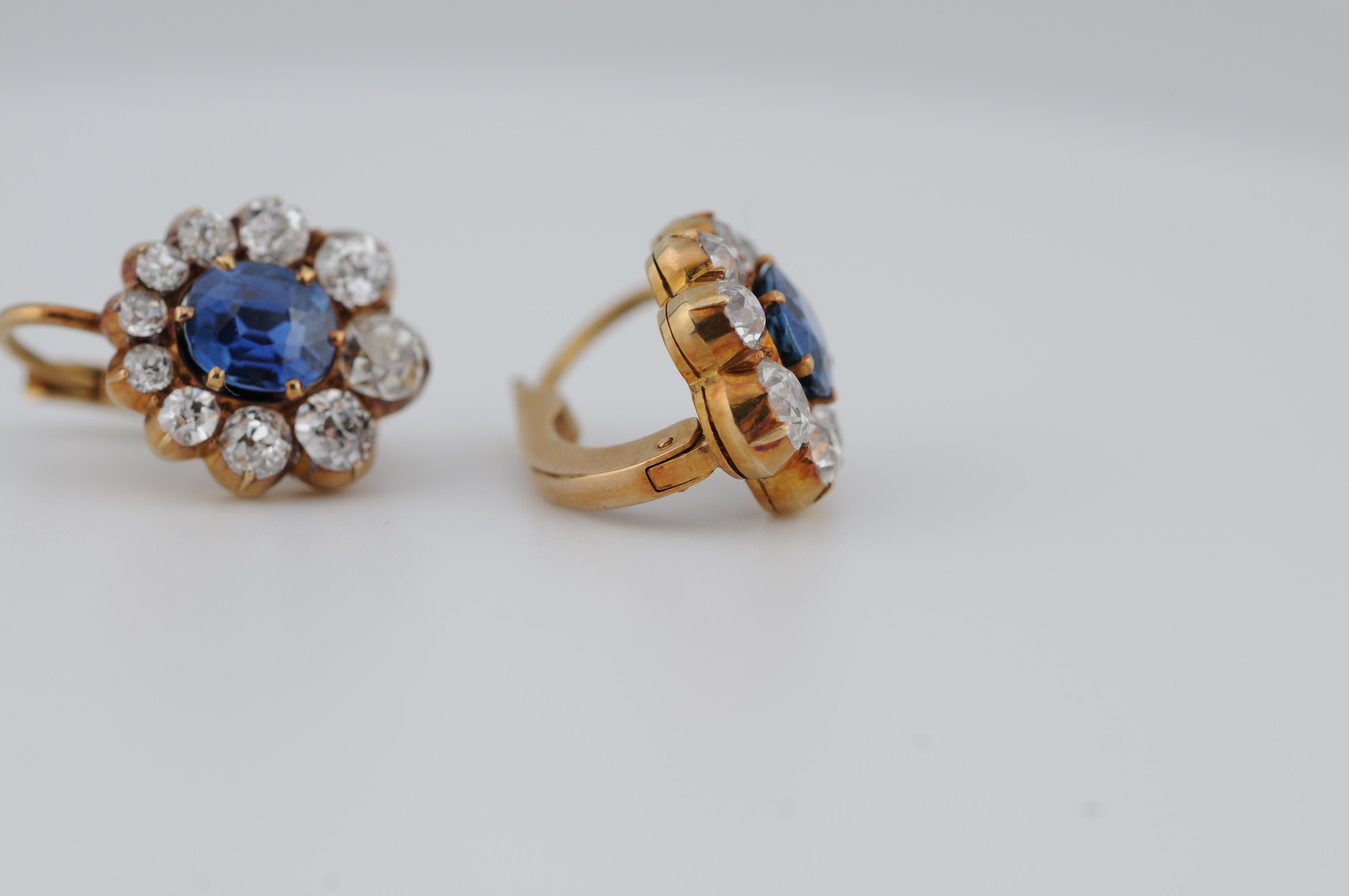 Gold Earrings with Ceylon Sapphires and Old Mine-Cut Diamonds For Sale 8