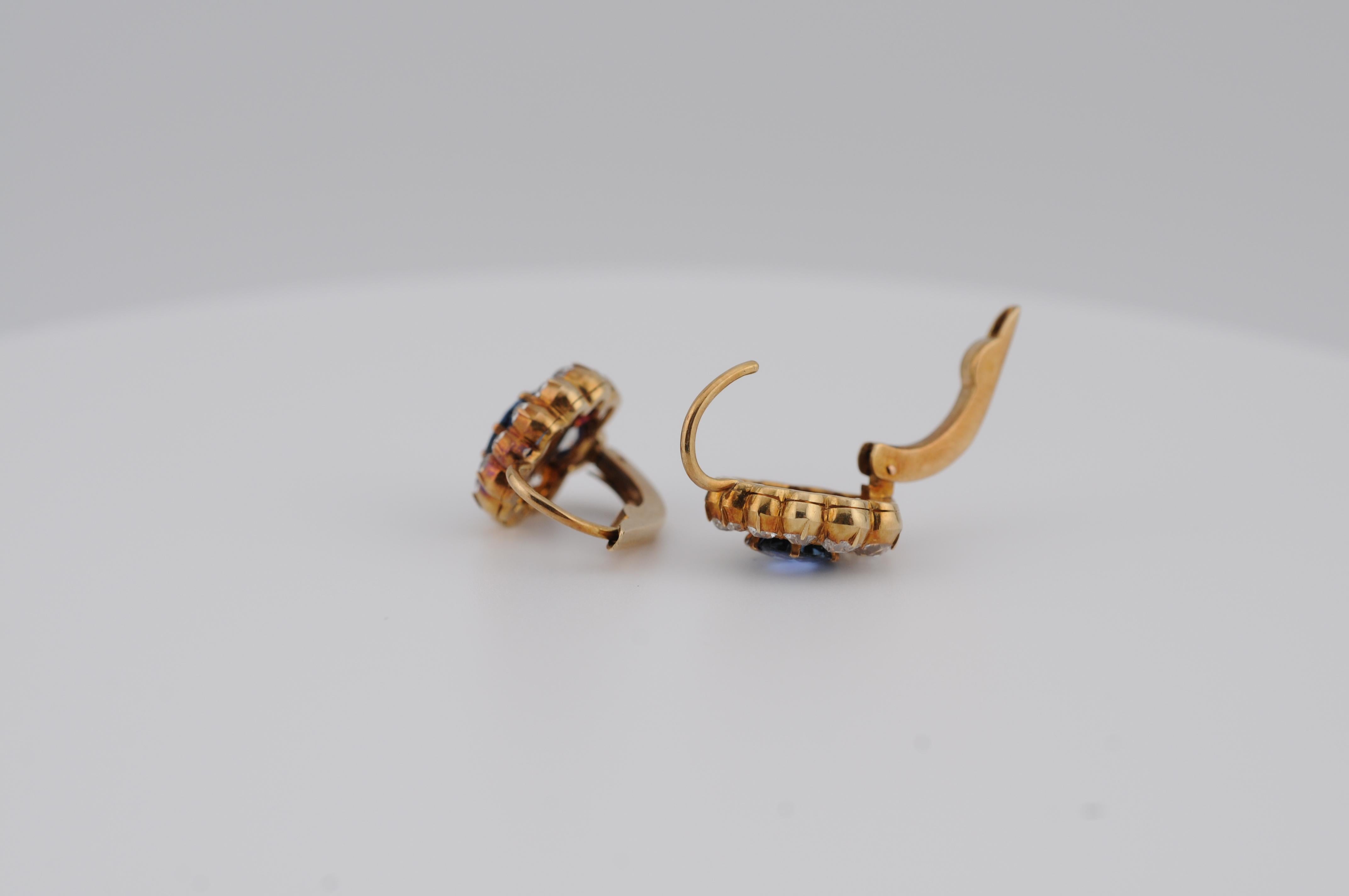 Gold Earrings with Ceylon Sapphires and Old Mine-Cut Diamonds For Sale 10