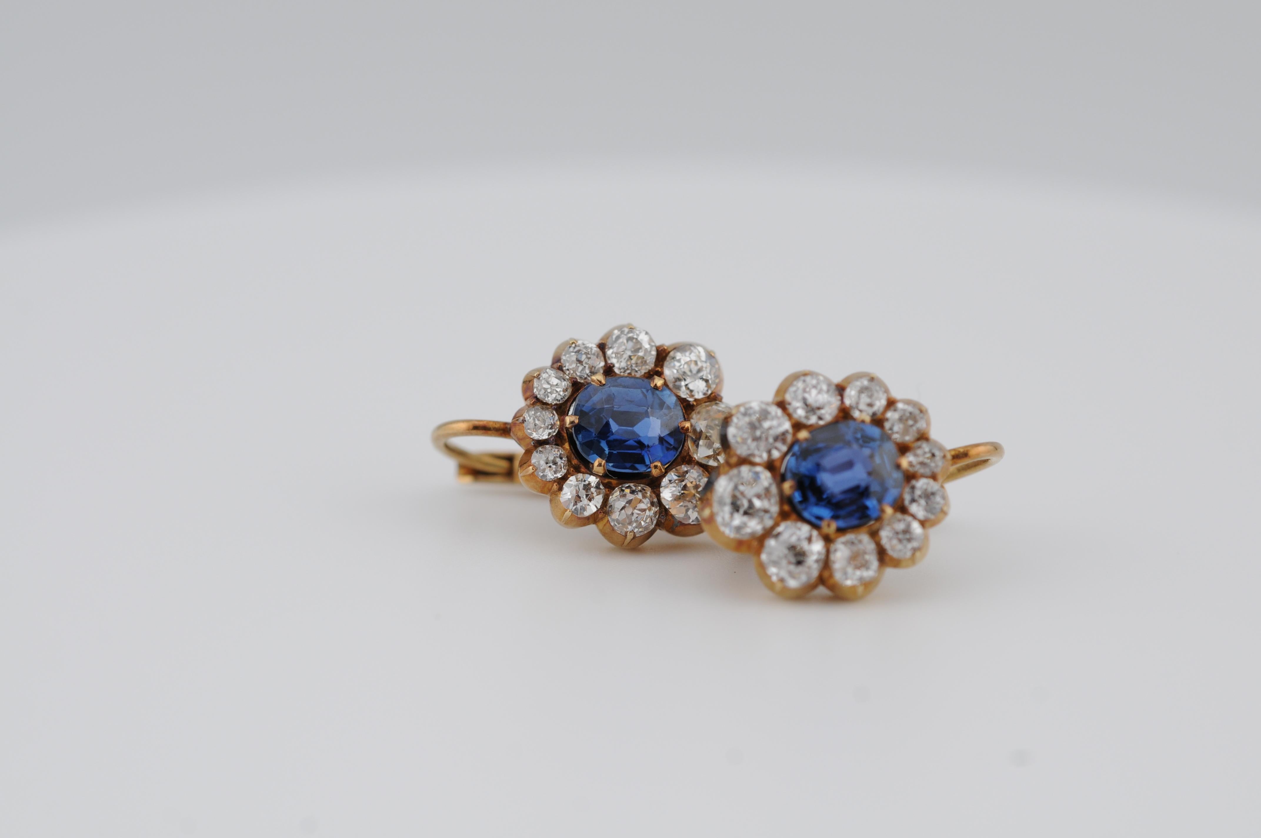 Old Mine Cut Gold Earrings with Ceylon Sapphires and Old Mine-Cut Diamonds For Sale
