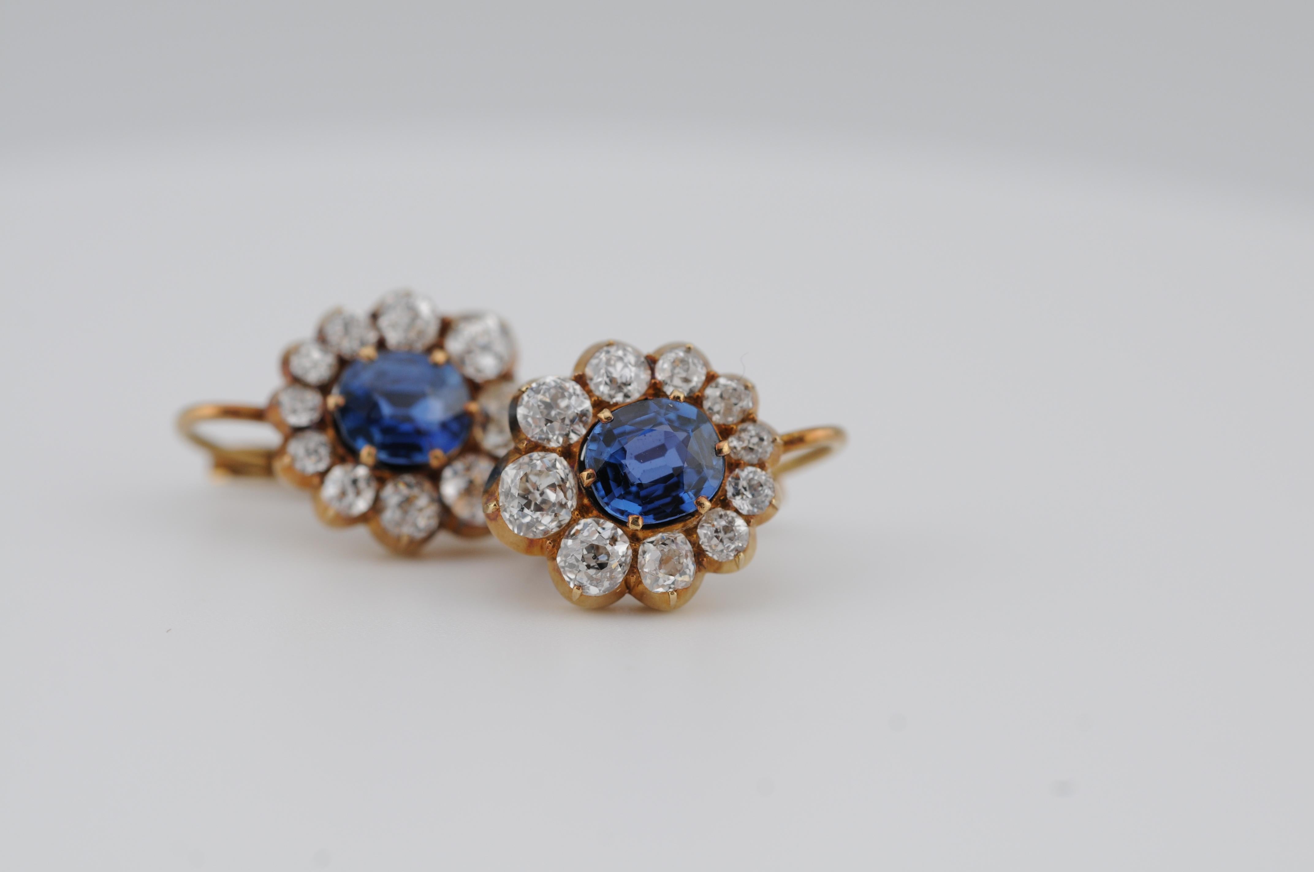 Women's or Men's Gold Earrings with Ceylon Sapphires and Old Mine-Cut Diamonds For Sale