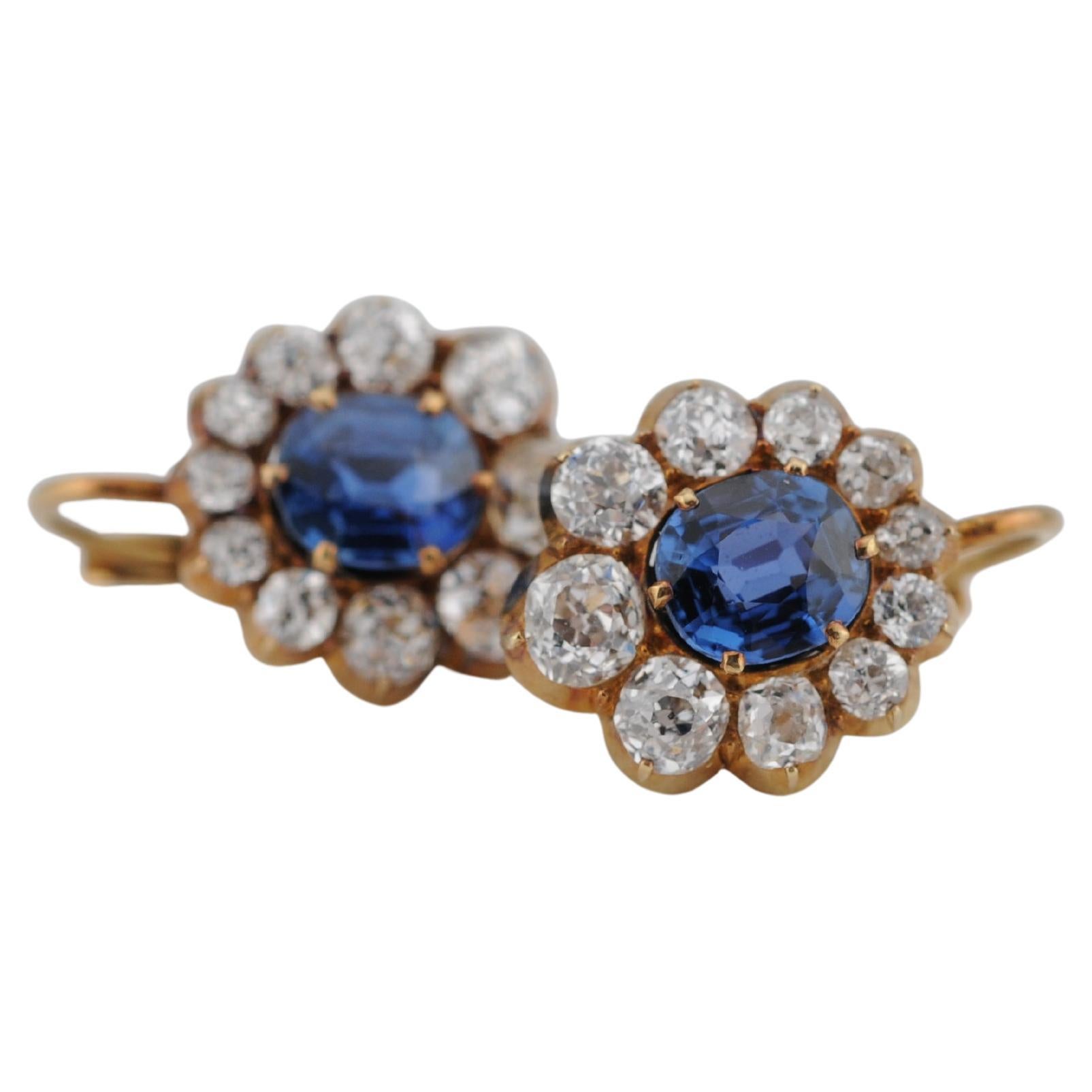 Gold Earrings with Ceylon Sapphires and Old Mine-Cut Diamonds For Sale