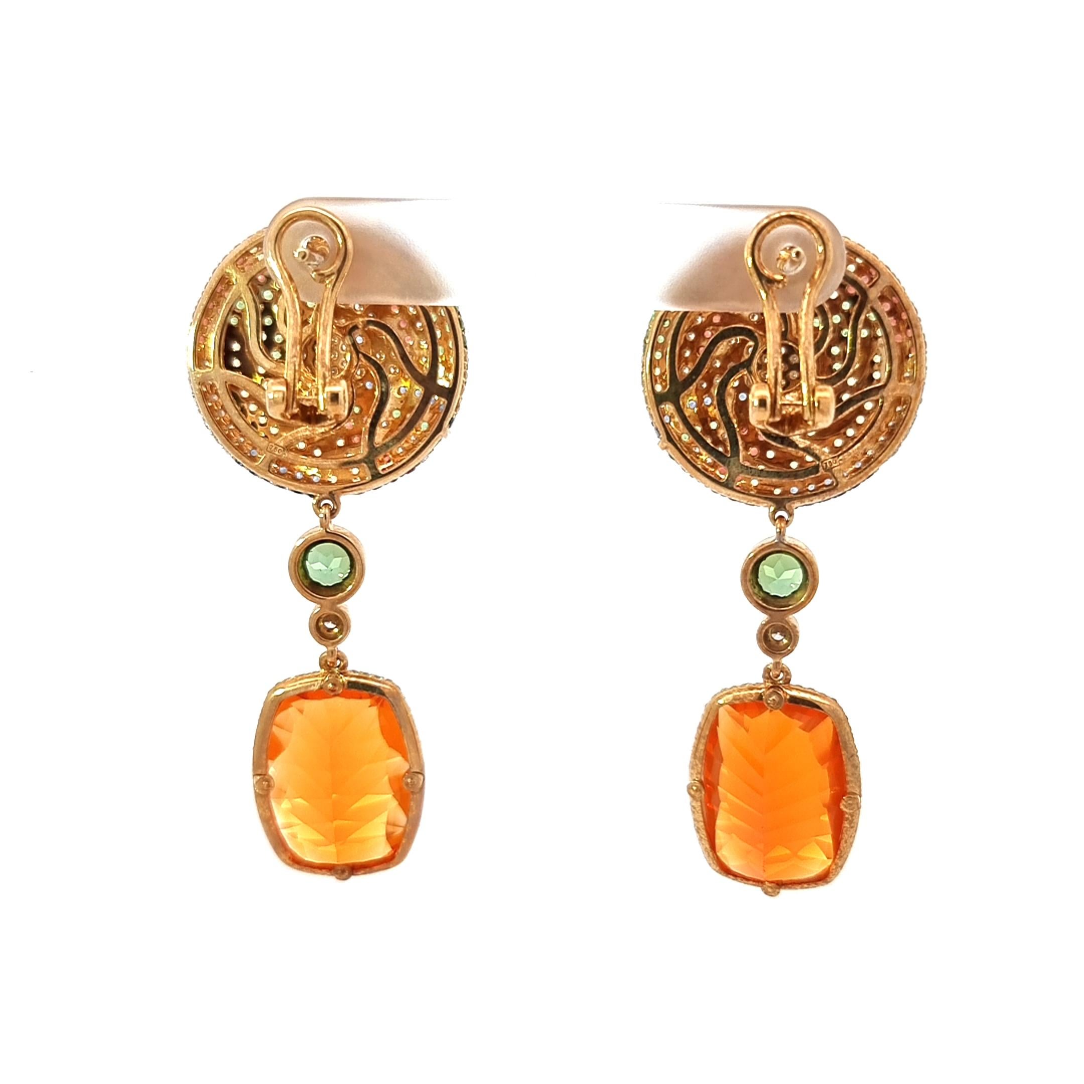 Women's or Men's Gold Earrings with Diamonds, Sapphires, Tsavorites, Tourmalines and Fire Opals For Sale