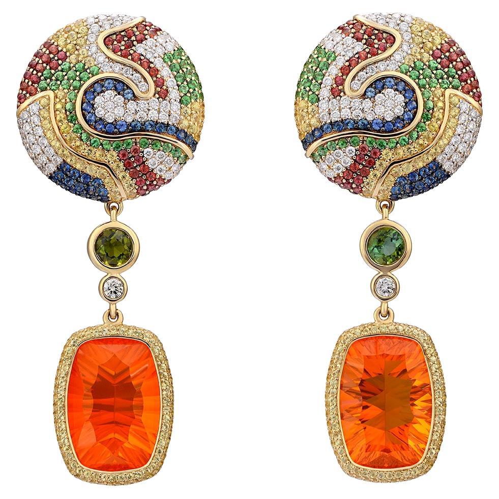 Gold Earrings with Diamonds, Sapphires, Tsavorites, Tourmalines and Fire Opals For Sale