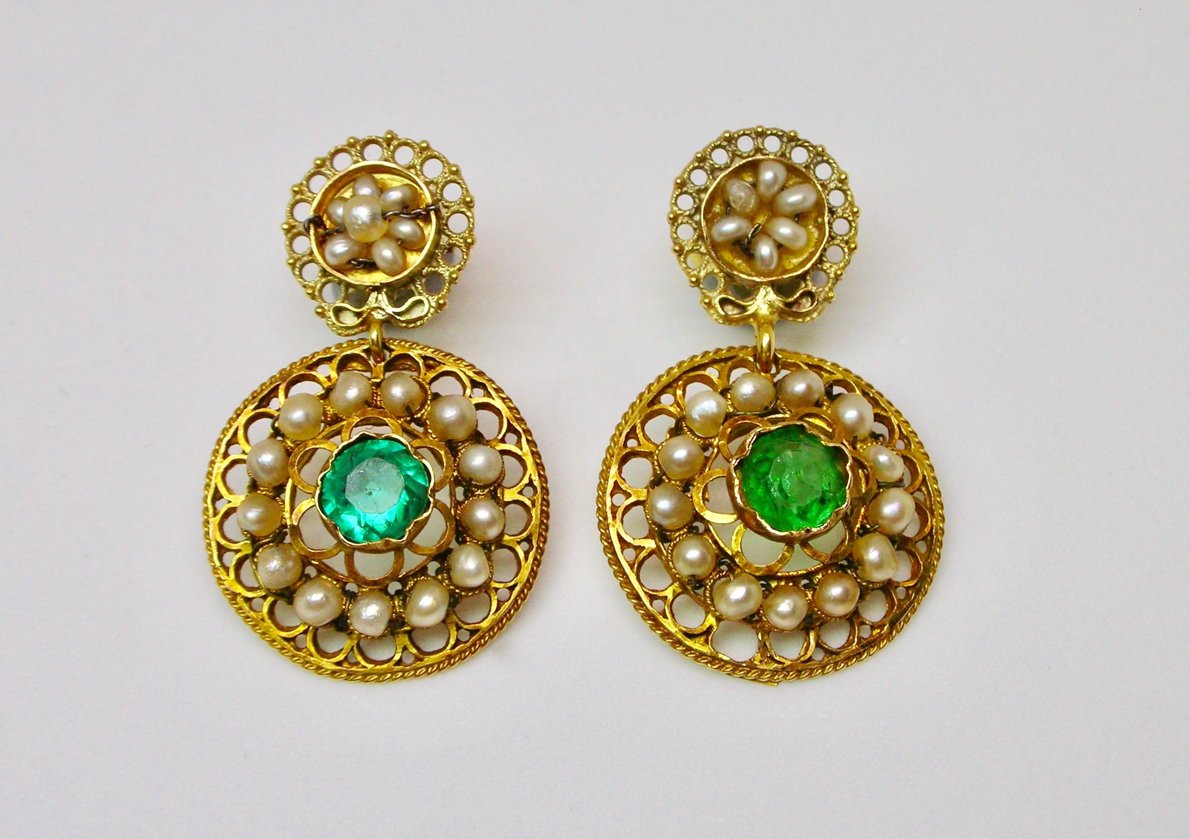 Uncut Gold Earrings with Natural Pearls And Green Paste For Sale