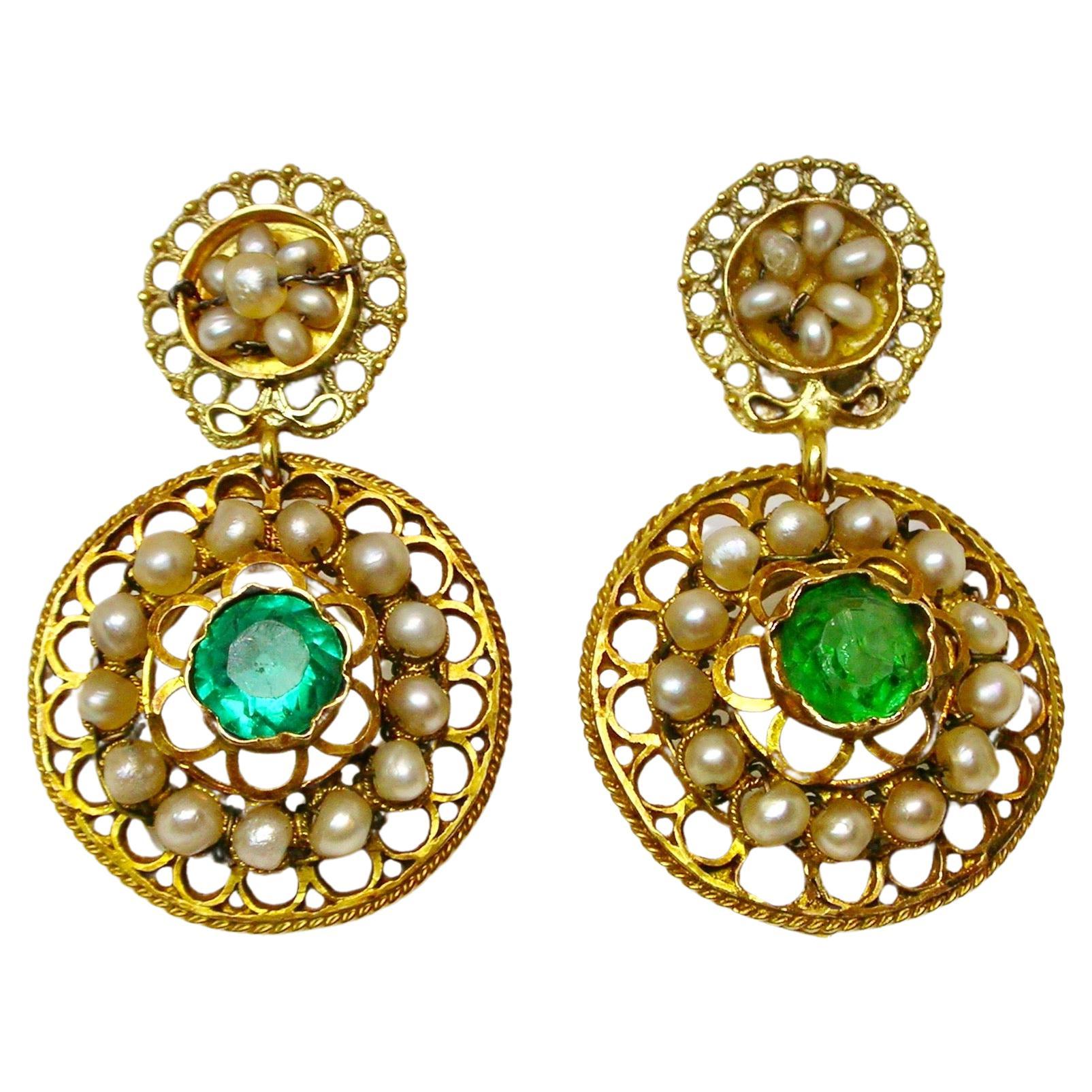 Gold Earrings with Natural Pearls And Green Paste For Sale