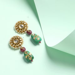 Gold Earrings with Ruby, Turquoise and Polki by Vintage Intention