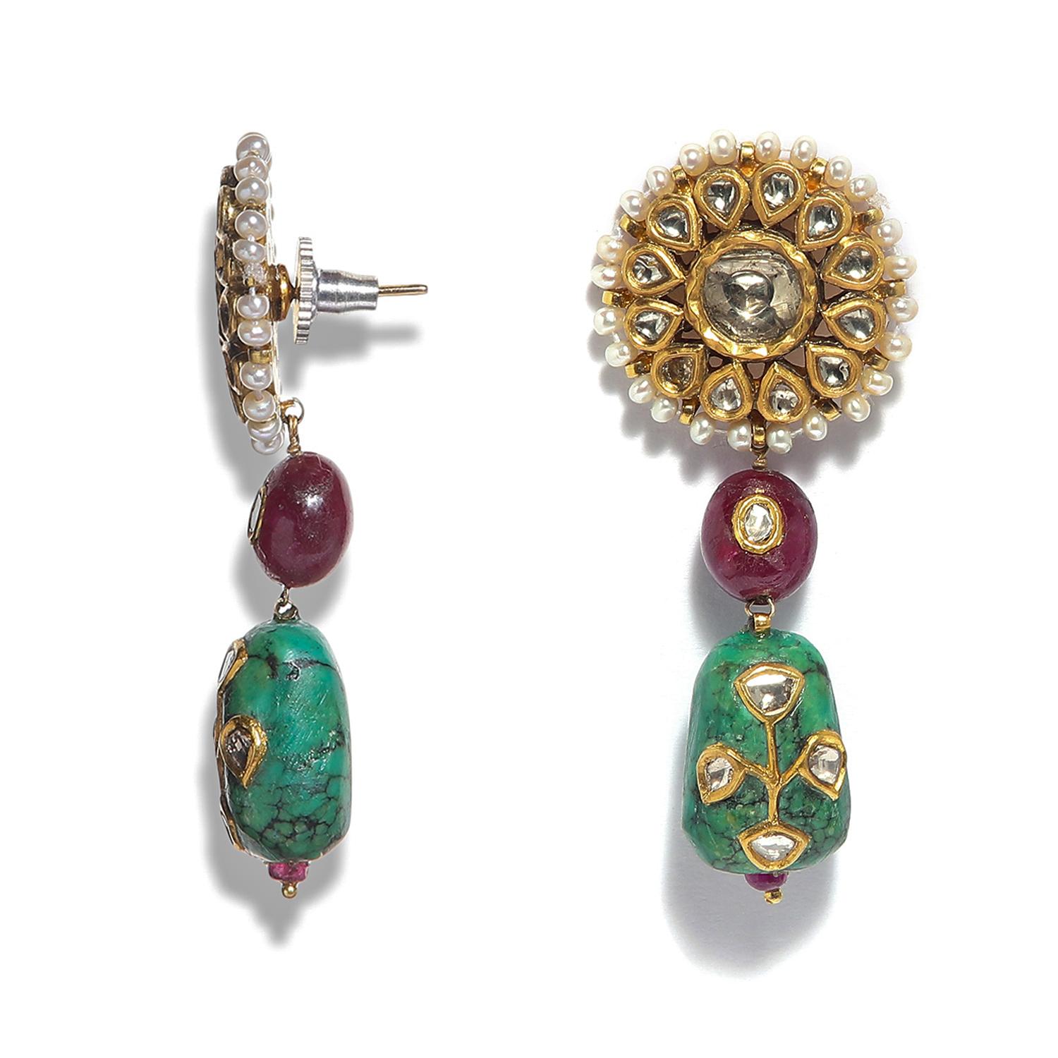 Mixed Cut Gold Earrings with Ruby, Turquoise and Polki by Vintage Intention For Sale