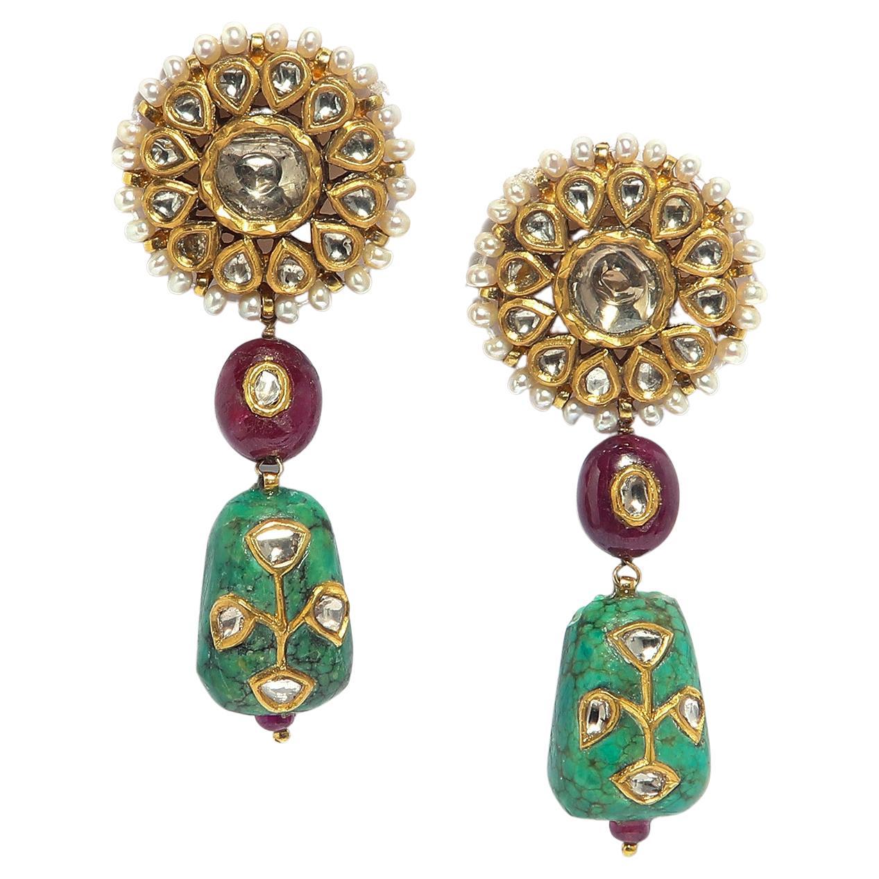 Gold Earrings with Ruby, Turquoise and Polki by Vintage Intention For Sale