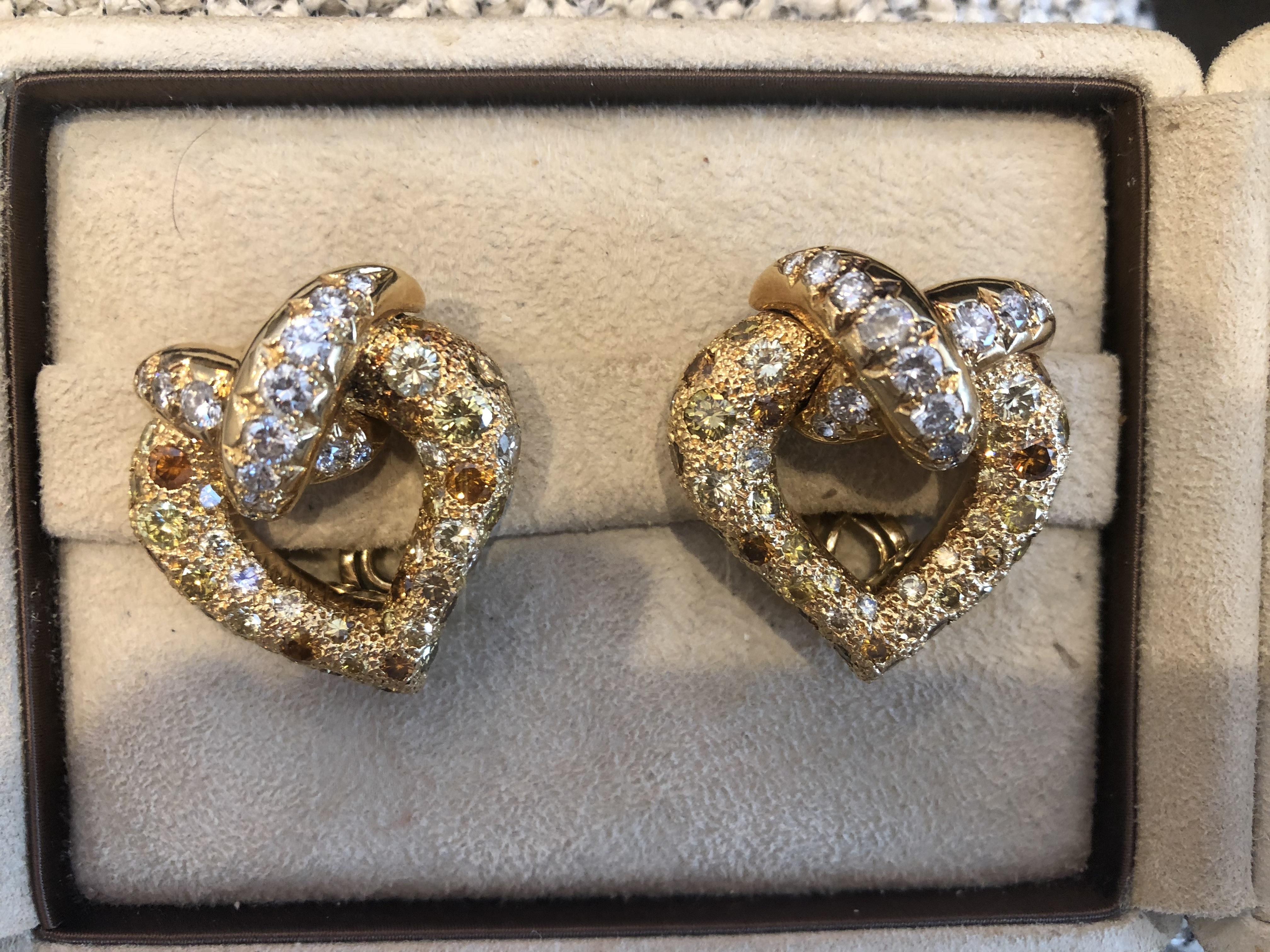 Gold Earrings with White and Fancy Colored Diamonds by René Boivin In Excellent Condition In New York, NY